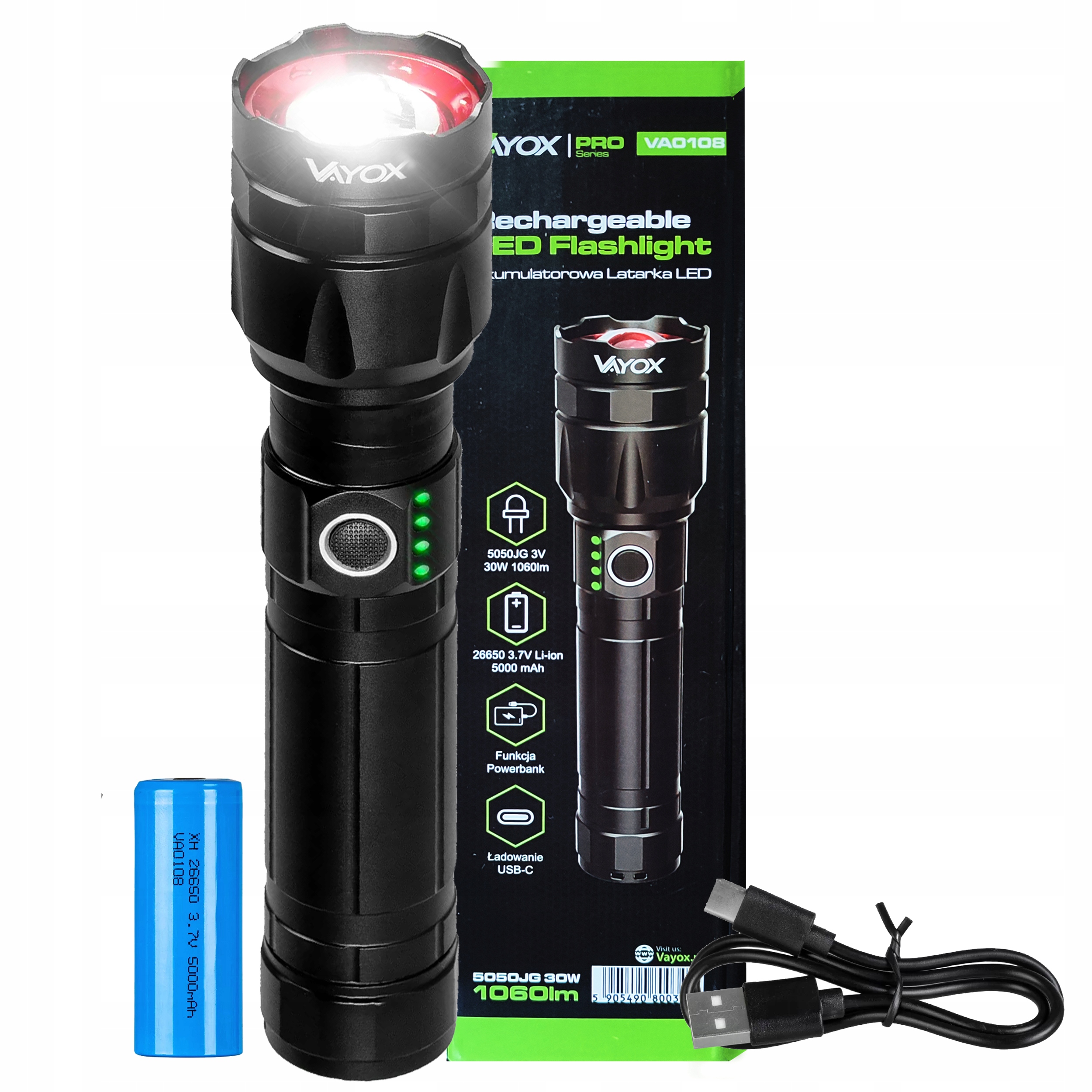 Taktická turistická vojenská Led policejní svítilna Aku Zoom Usb-c