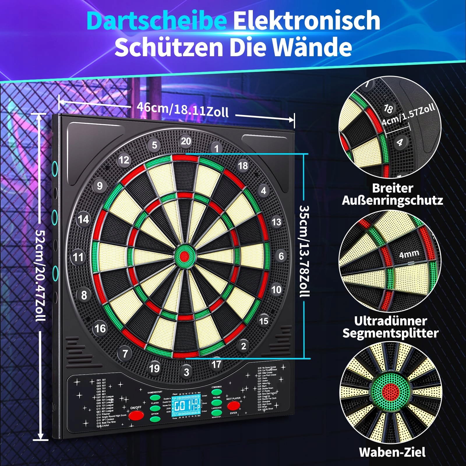 COANHCTM Elektroniczna Tarcza Dart Z Głosem Niemieckim 12 Rzutki LCD 34 Gry — miniatura 6