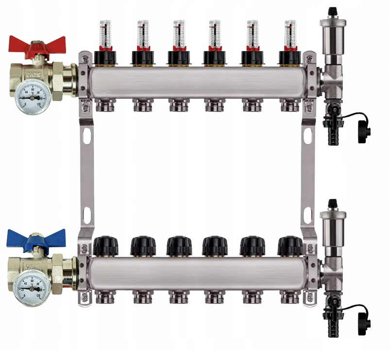 Rozdělovač Na Podlahu 6 Okruhů Nerezový Jednoduchý Ventil Teploměr
