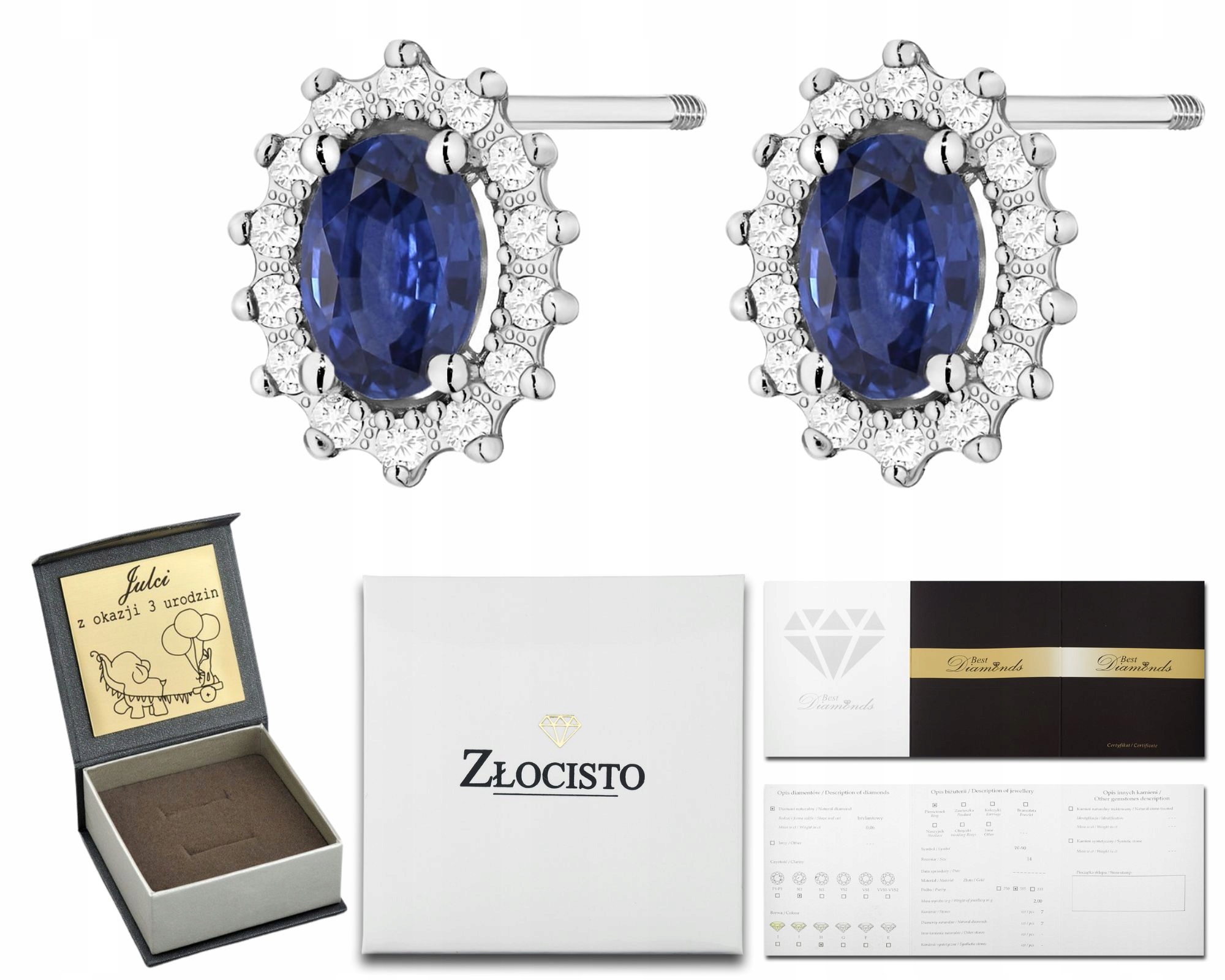 Bílé Zlato Náušnice Se Safírem A Brilianty Zlato 585 Šroubovací Tyčinka