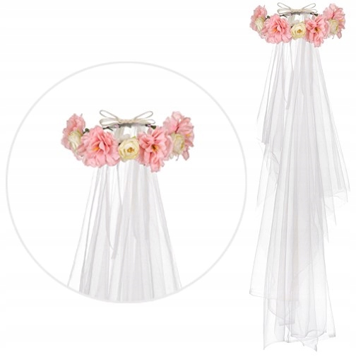 WIANEK NA GŁOWĘ Z WELONEM KWIATY RÓŻOWE NA WIECZÓR PANIEŃSKI 17 CM