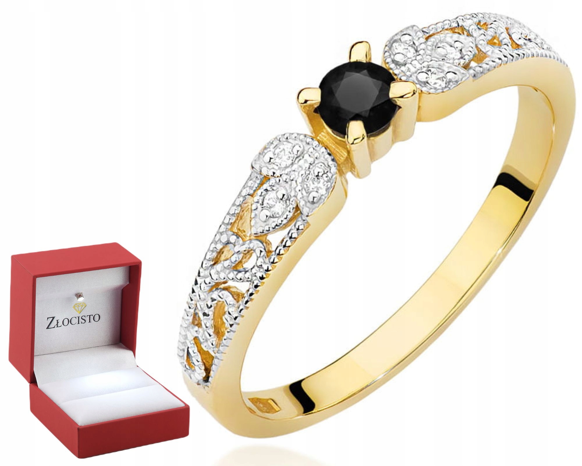 Żółte Złoto Pierścionek Czarny Brylant I Diamenty 585 Grawer Prezen