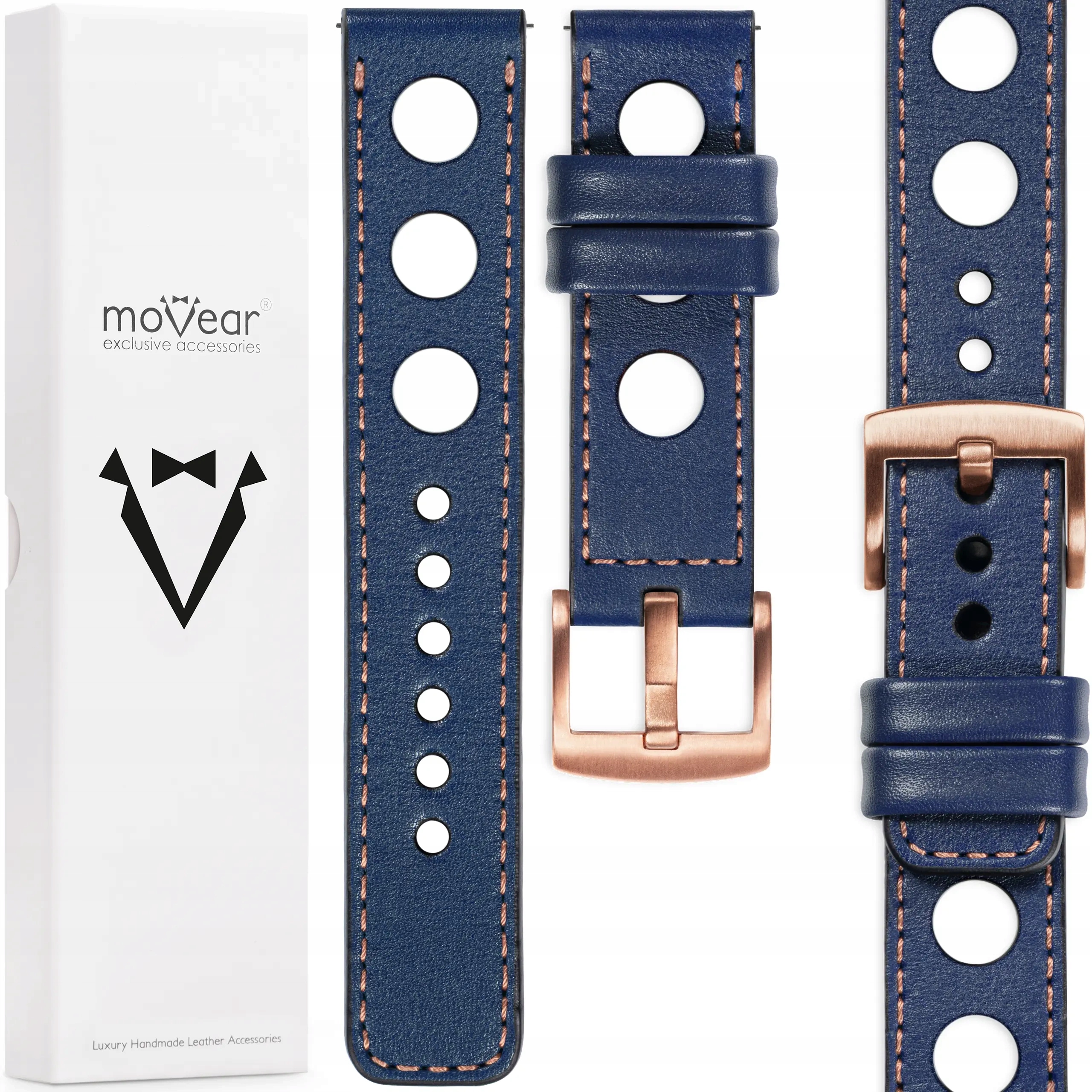 Řemínek 22 mm pro prémiové hodinky, stylový Polský kožený Movear, tmavě modrý