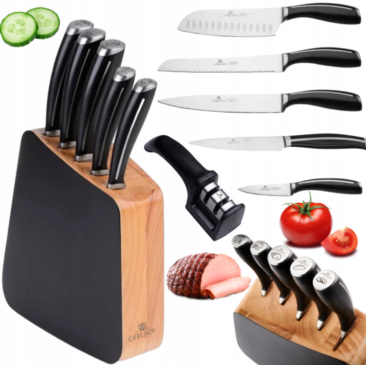 Sada 5 Oceľových Nožov Gerlach Loft V Bloku Kuchynské Nože Brusný Kameň
