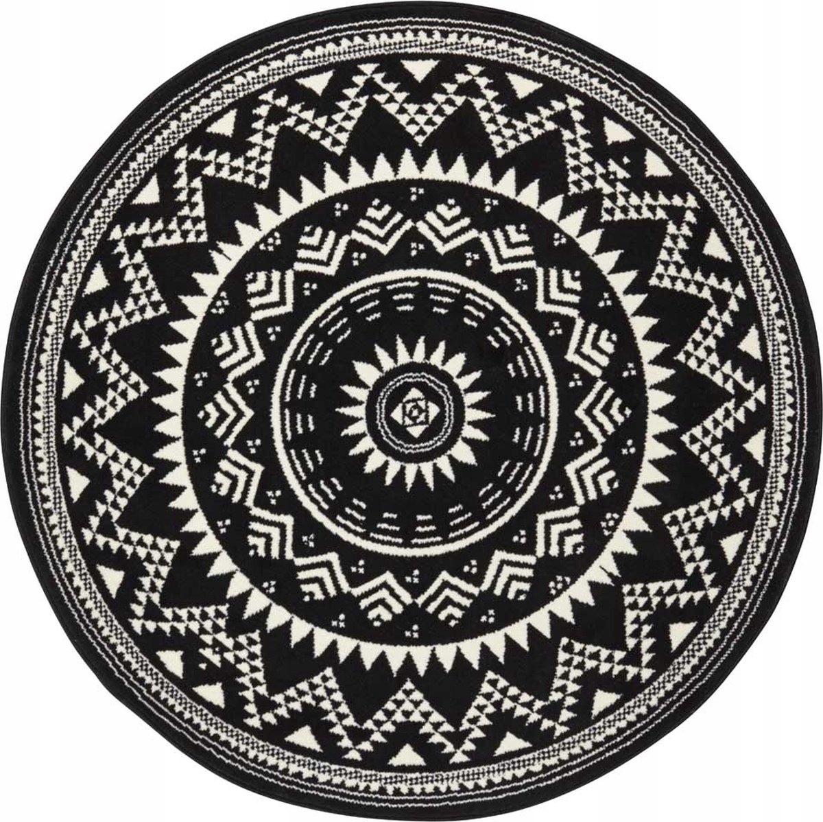 Okrúhly moderný koberec do obývačky, čierno-krémový vzor Mandala 140 cm