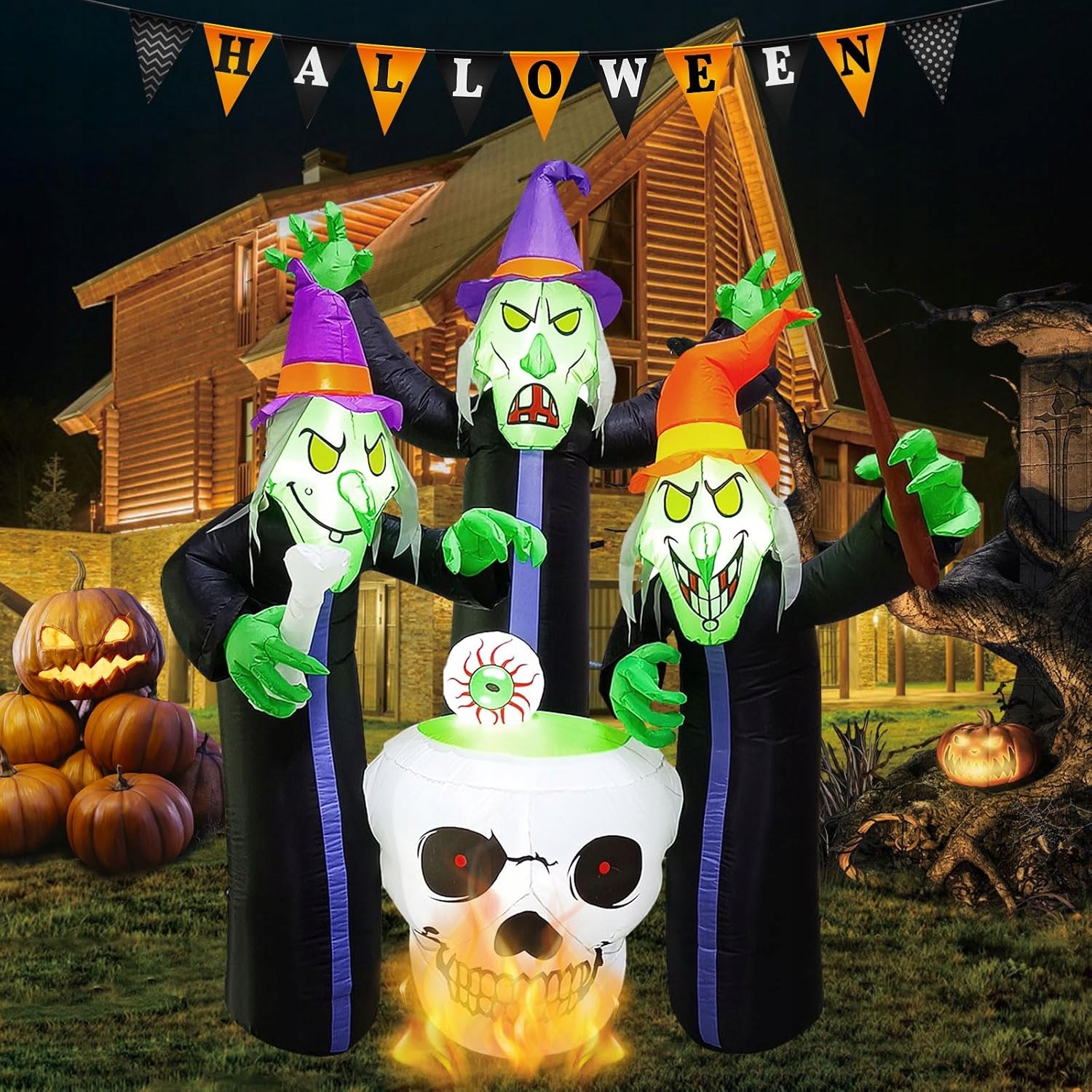 Dekoracja Halloween Nadmuchiwana Czarownice Wokół Kotła Duża Ozdoba