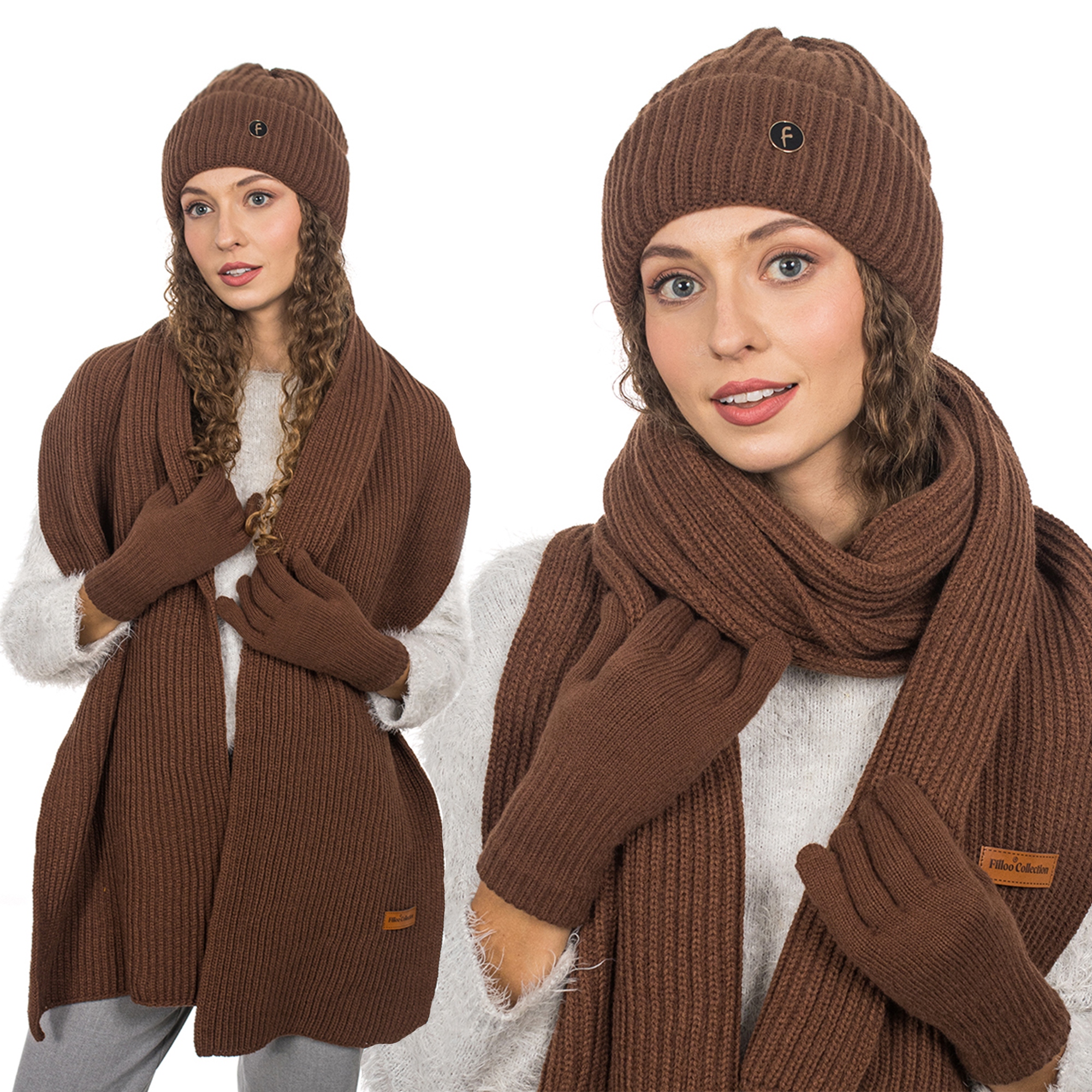 Hnědý komplet Čepice Šála Rukavice 3v1 Zimní Teplá sada