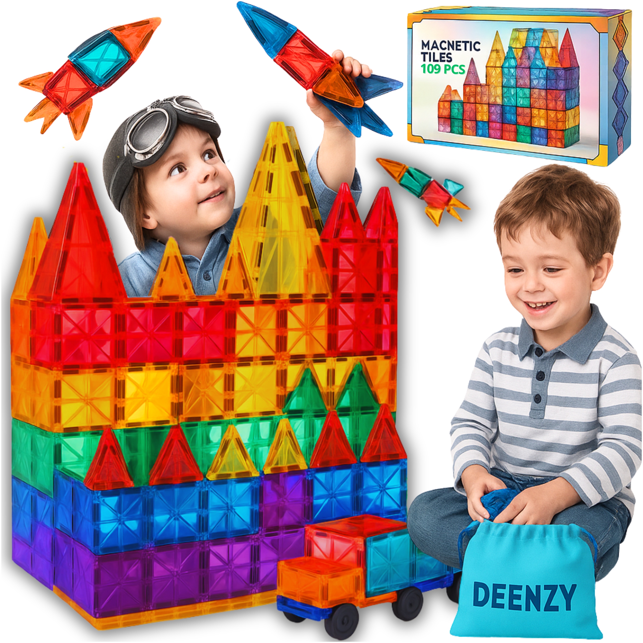 KLOCKI MAGNETYCZNE XXL DUŻY ZESTAW 3D DLA DZIECI 109 ELEMENTÓW + TORBA