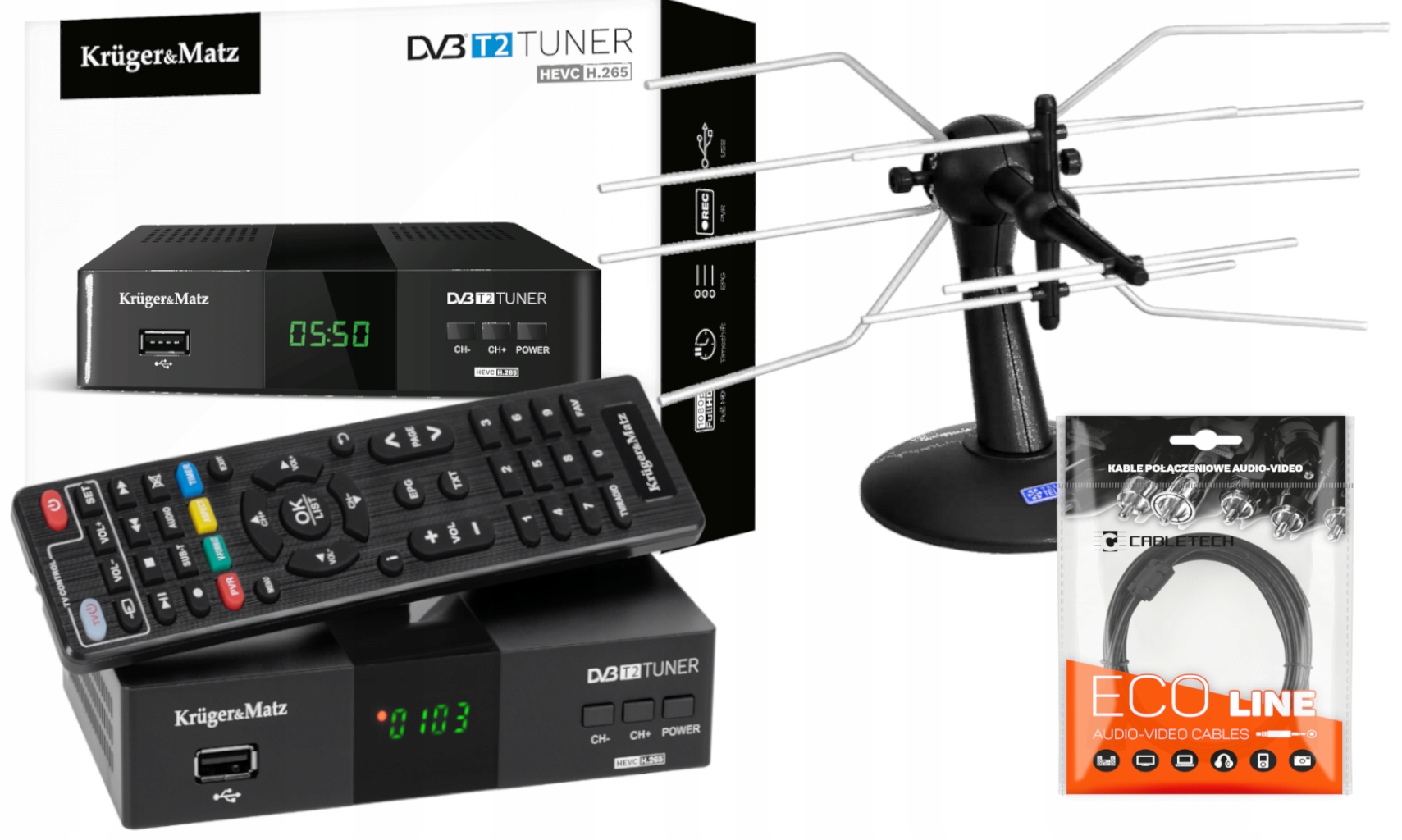 Dekoder Tuner DVB-T2 H.265 HEVC Kruger&Matz + Antena Pokojowa + HDMI Kabel