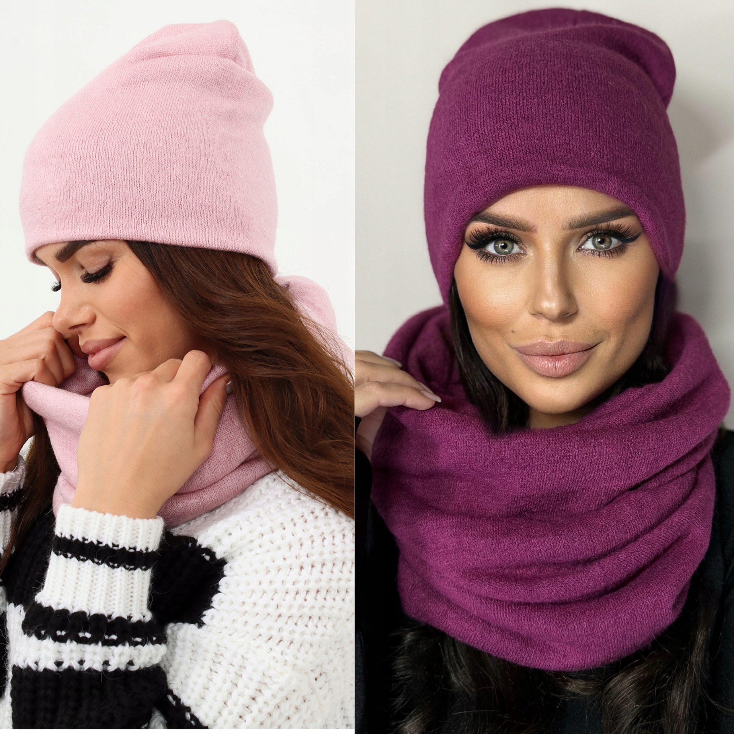 KOMPLET DAMSKI CZAPKA BEANIE KOMIN GOLF TUBA DUŻY ZESTAW CIEPŁY MIŁY KOLORY Model 2468