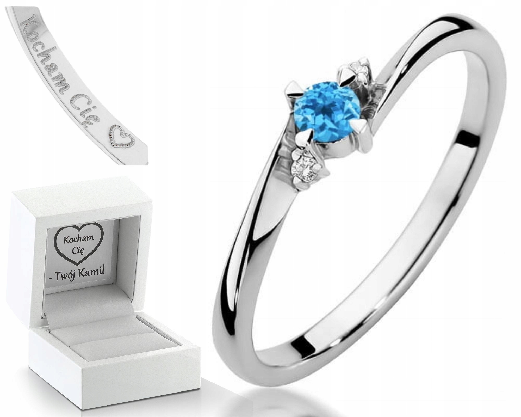 Zásnubní Prstýnek Bílé Zlato Topaz A Diamanty Gravírování 585 Dárek