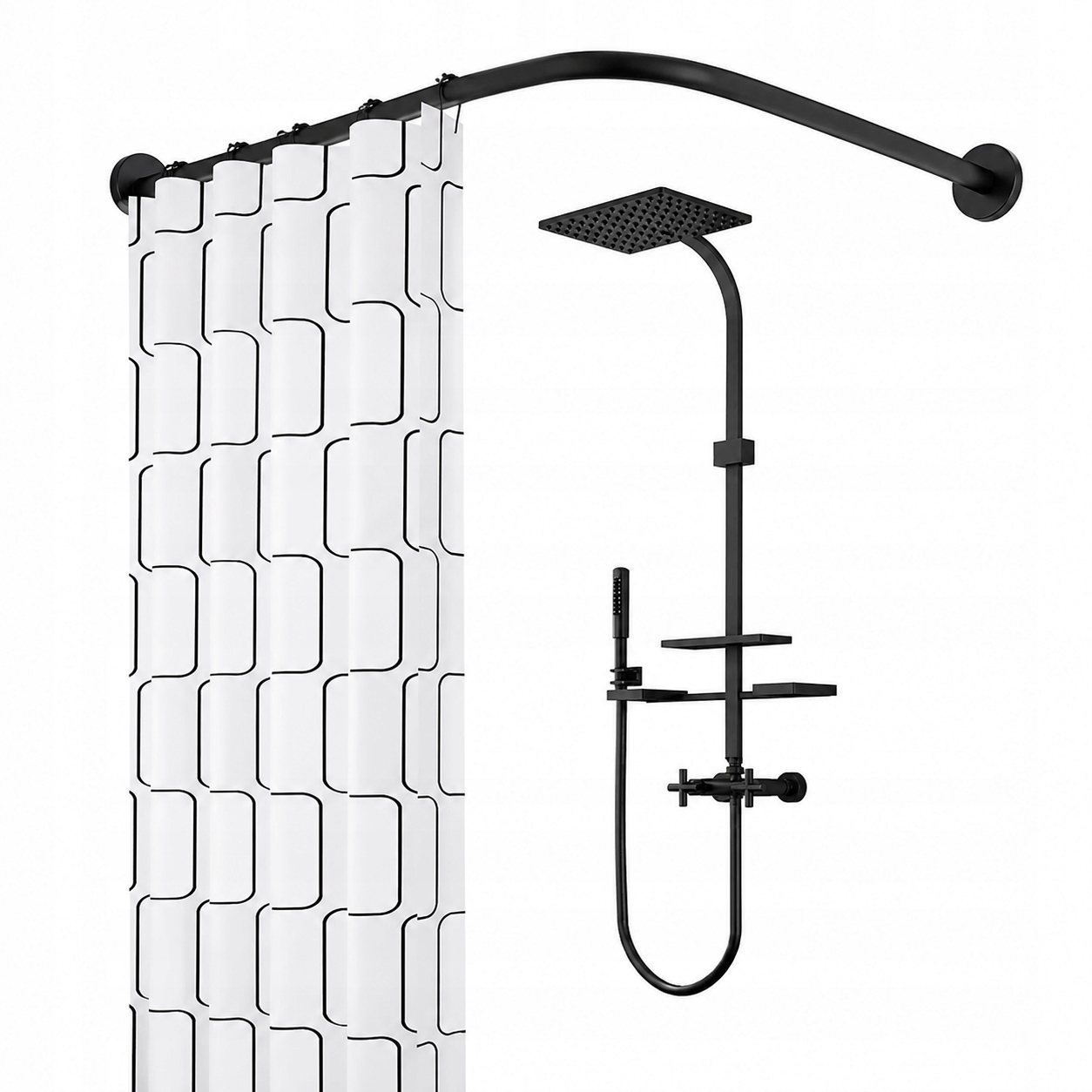 Drążek Prysznicowy Narożny wygięty L 70-95 x 70-95 cm Czarny stal nierdzewn