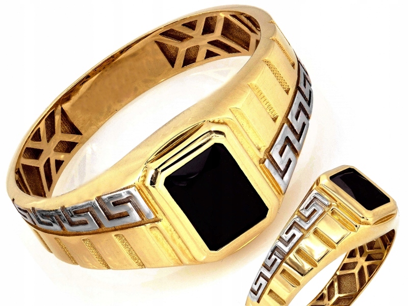 Zlatý prsten 585 14kt s onyxem a řeckým vzorem z bílého zlata 4.28g R24