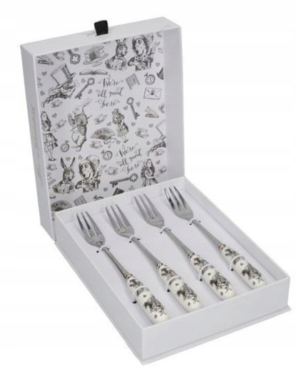 sada 4 dezertních vidliček v ozdobné krabičce alenka v říši divů