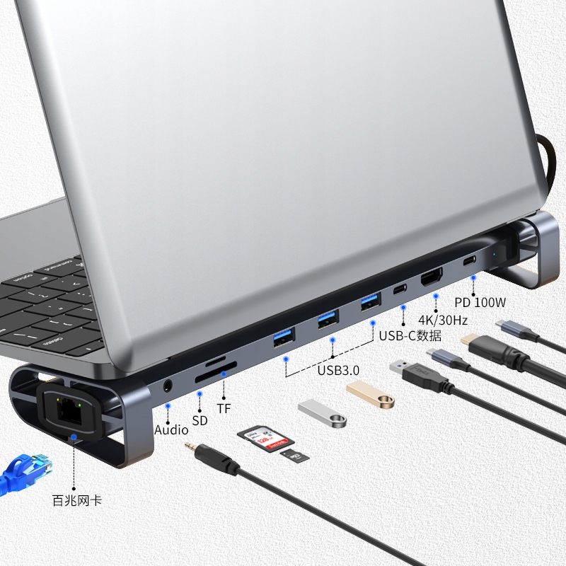 Rozbočovač Usb Hub Adaptér Usb-c 10v1 3xUSB Hdmi Sd Tf Vga Jack Lan