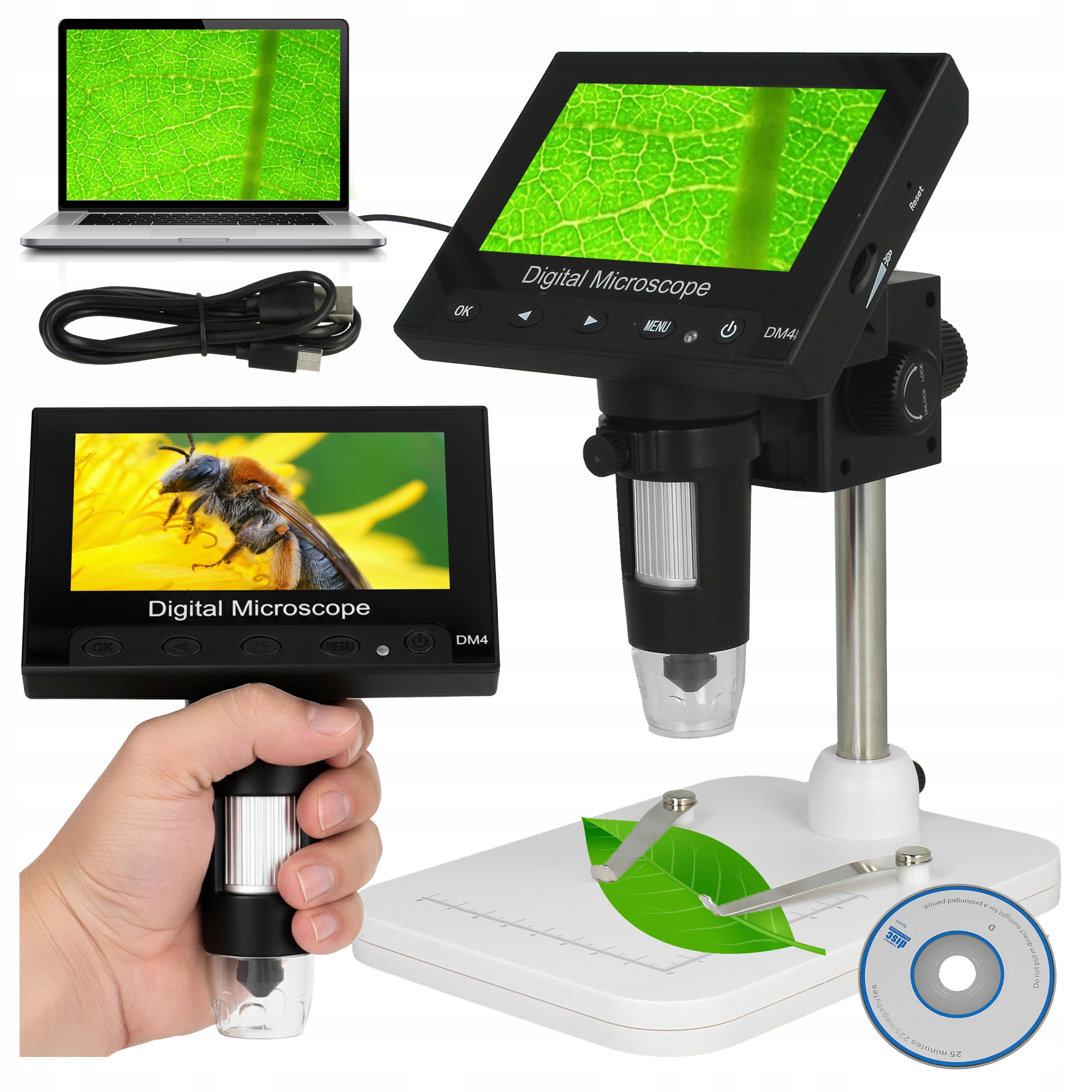 Digitální Mikroskop Zvětšení x1000 Vědecký Nastavitelný Stativ Lupa Usb Led