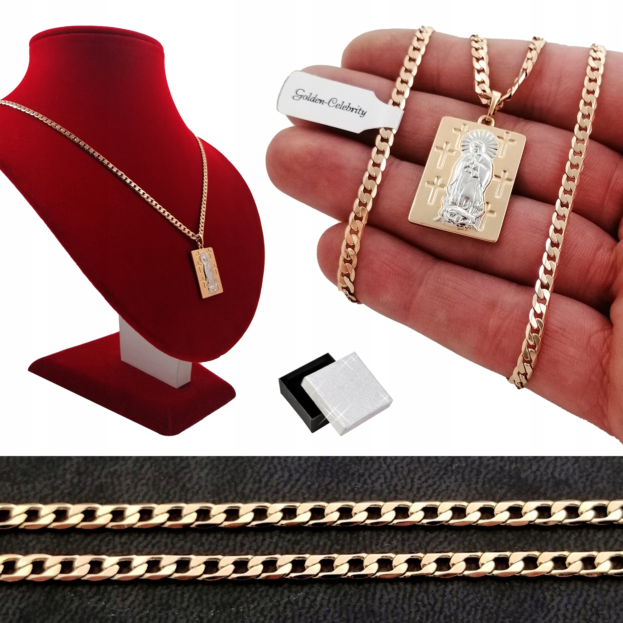 ZŁOTY ŁAŃCUSZEK PANCERKA+MEDALIK MATKA BOSKA 45CM PREZENT NA KOMUNIĘ 18K