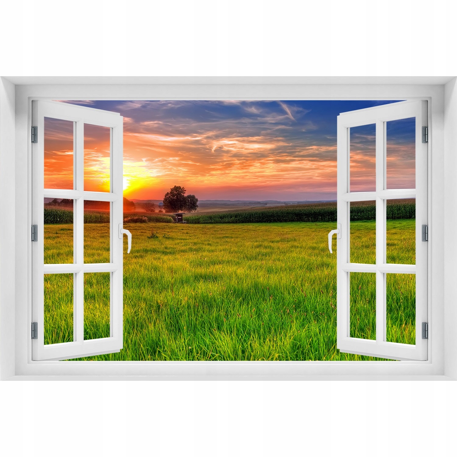 

3D Naklejka Okno na ścianę Zachód słońca łąka