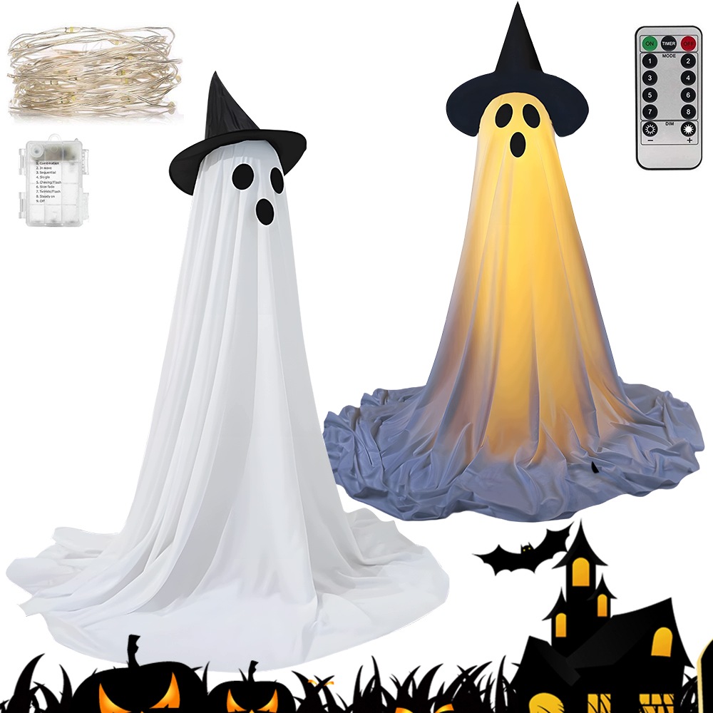 Dekorativní duch na Halloween s kloboukem a Led diodami 2,1 m pro dům a zahradu