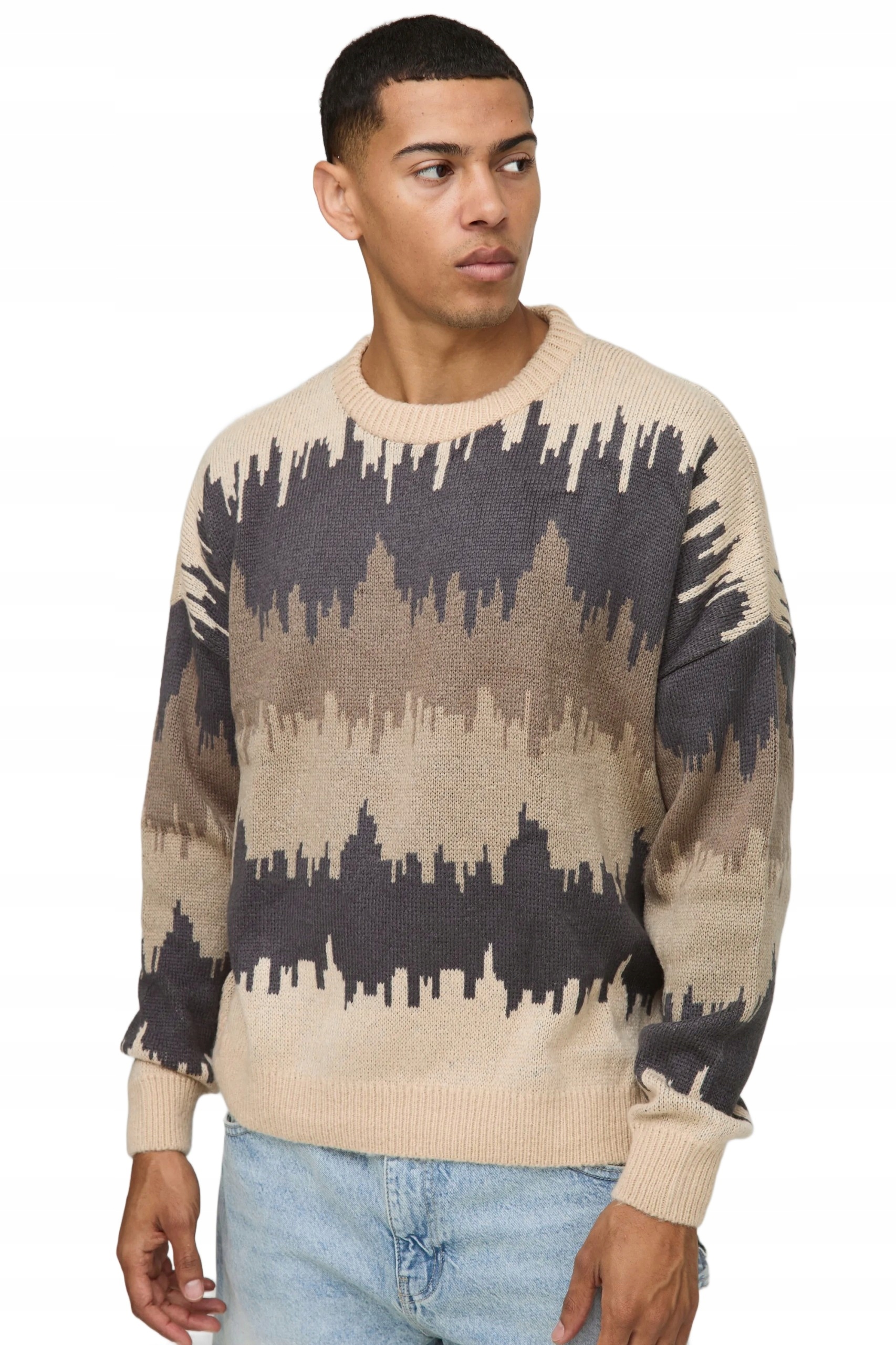 Boohooman Pánský Svetr Béžovošedý Vzor Melírovaný Kulatý Výstřih L Z3A