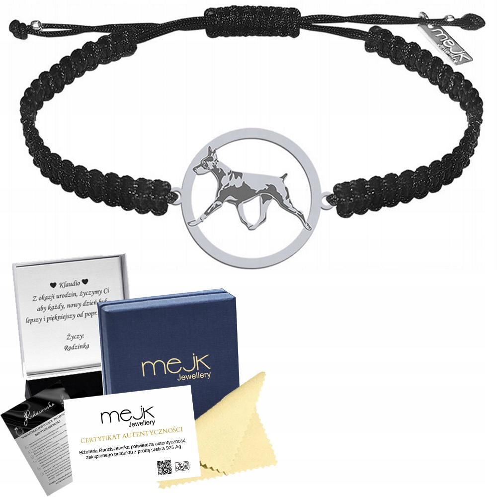 Stříbrný náramek s psem Doberman 925 Makramé Šperky Gravírování Bonus