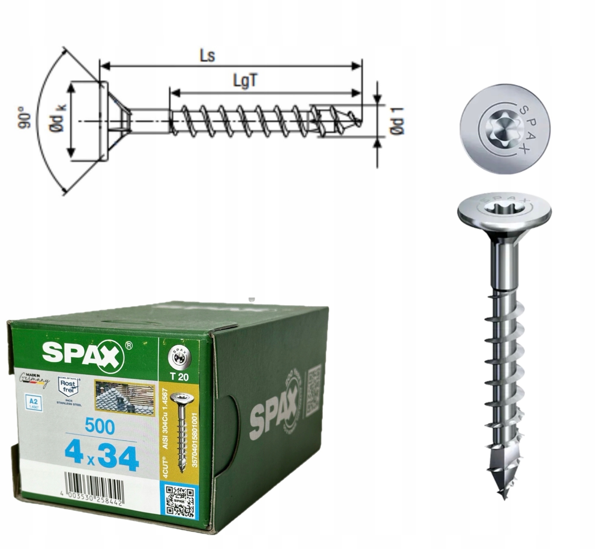 Šroub do břidlice, ocel A2 pro dřevo Spax 4 x 34 mm 500 ks