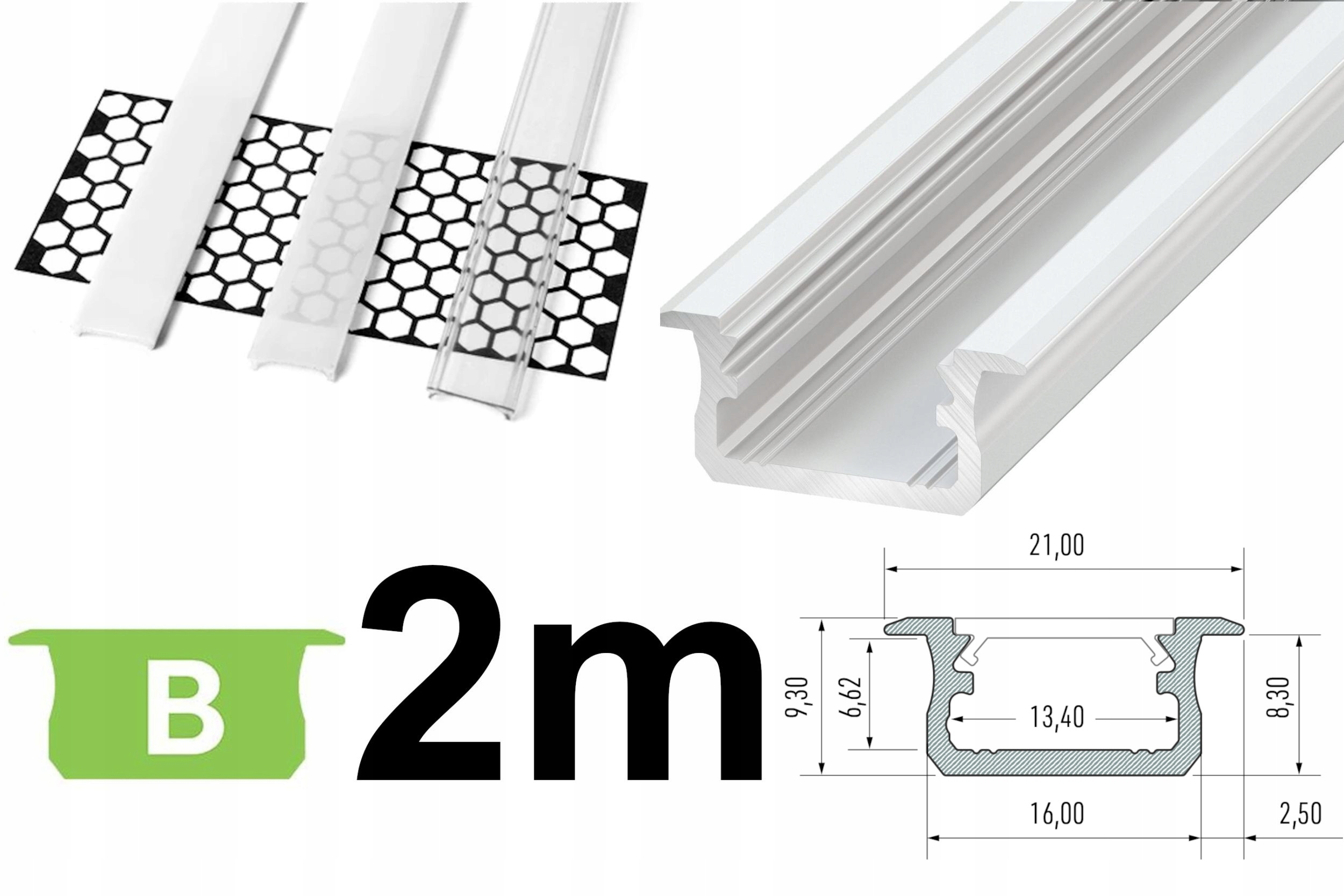 PROFIL LED BIAŁY aluminiowy wpuszczany 2m+KLOSZ
