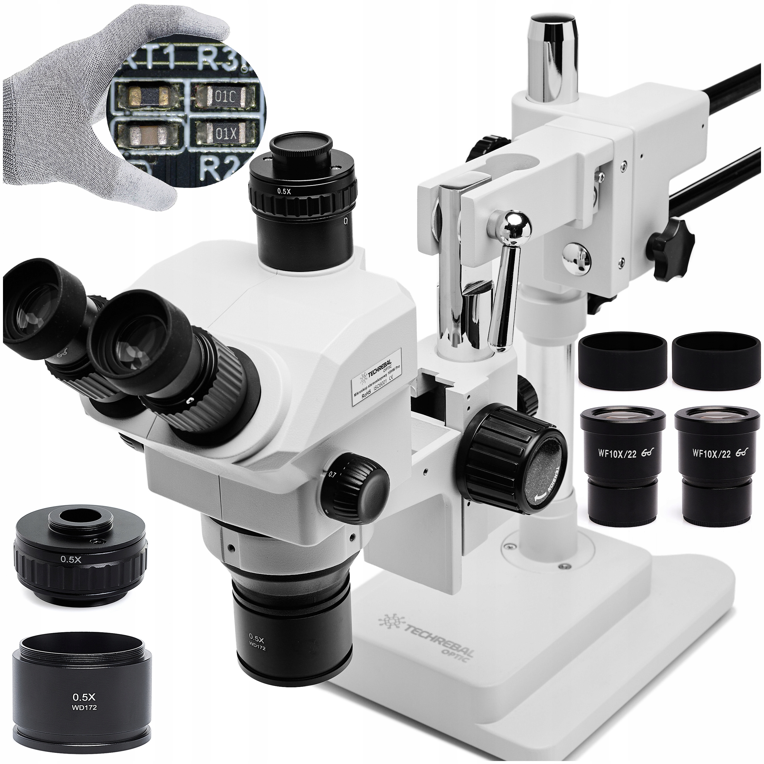 Stereoskopický Mikroskop 7-60x 10HW Pro Elektroniku Čočka 0.5x Led