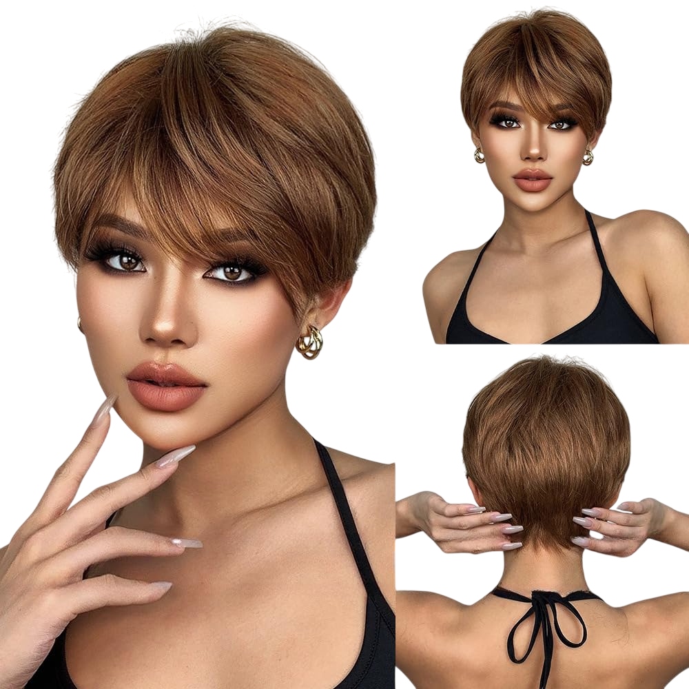 Peruka Damska Krótka Jasny Brąz Pixie Jak Naturalne Włosy czepek