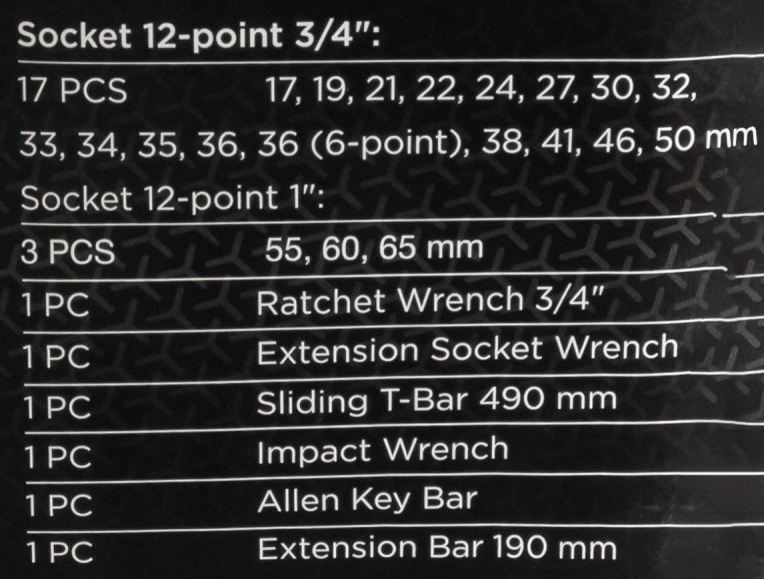Zestaw narzędzi udarowych 26el. 3/4" (17-50mm) i 1" (55-65mm) 12-kątnych Liczba elementów w zestawie 26