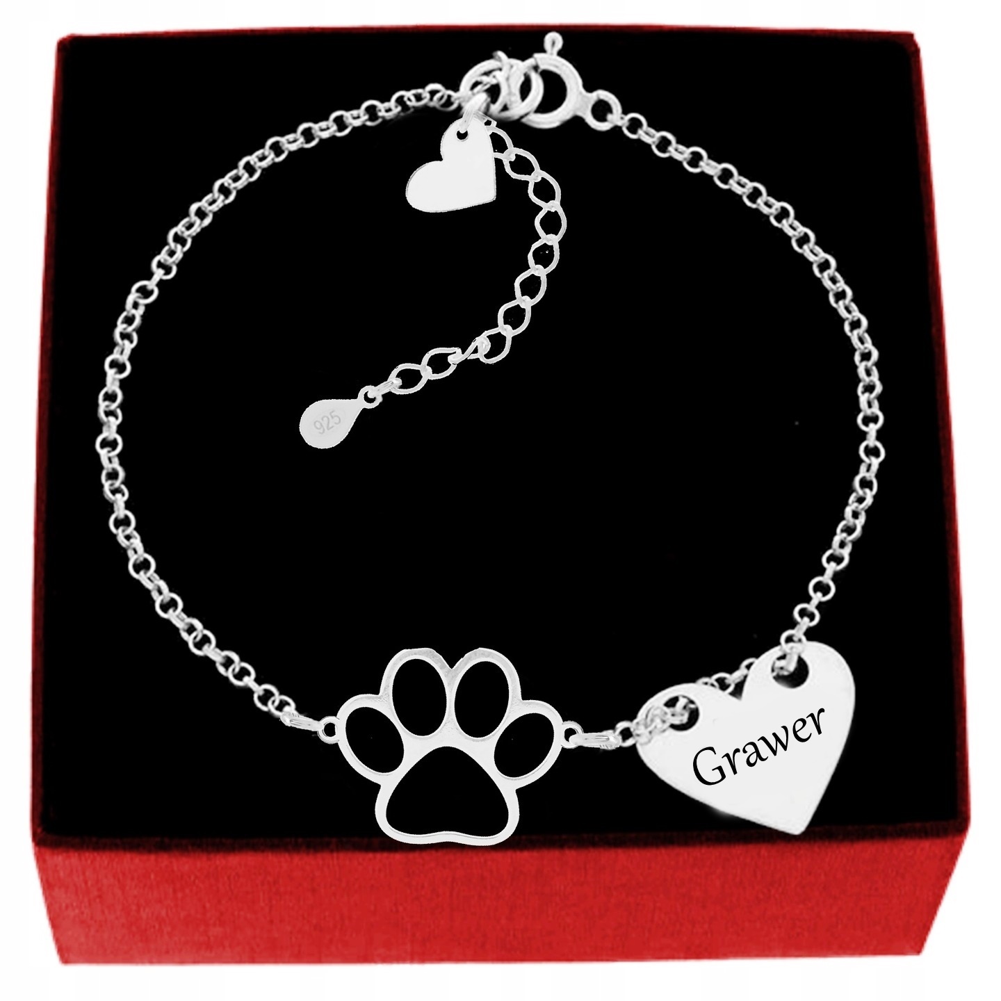 Bransoletka srebrna 925 Personalizowany Grawer psia kocia łapka serce
