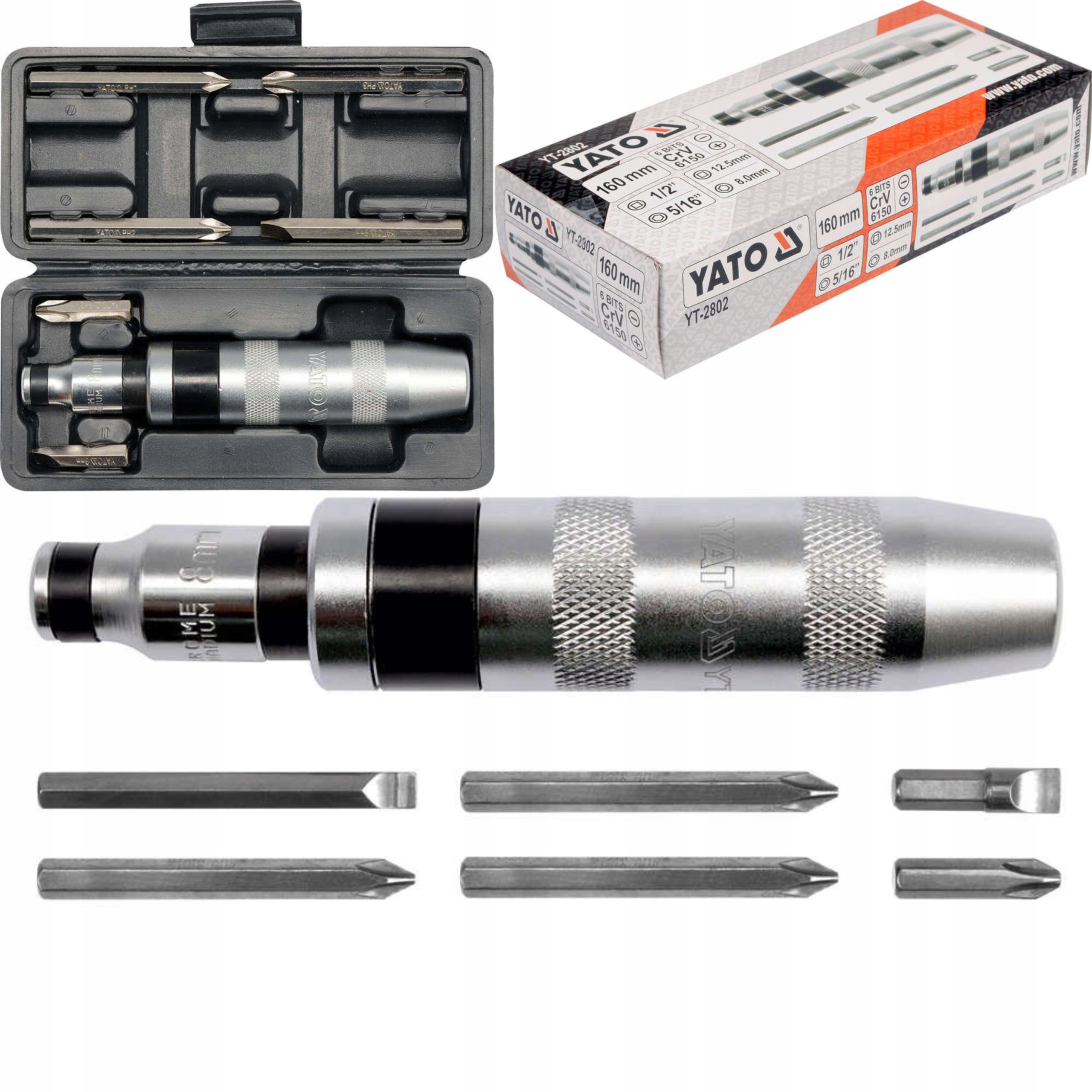 YATO METALOWY WKRĘTAK UDAROWY WYMIENNE KOŃCÓWKI + 6 BITÓW YT-2802 ETUI