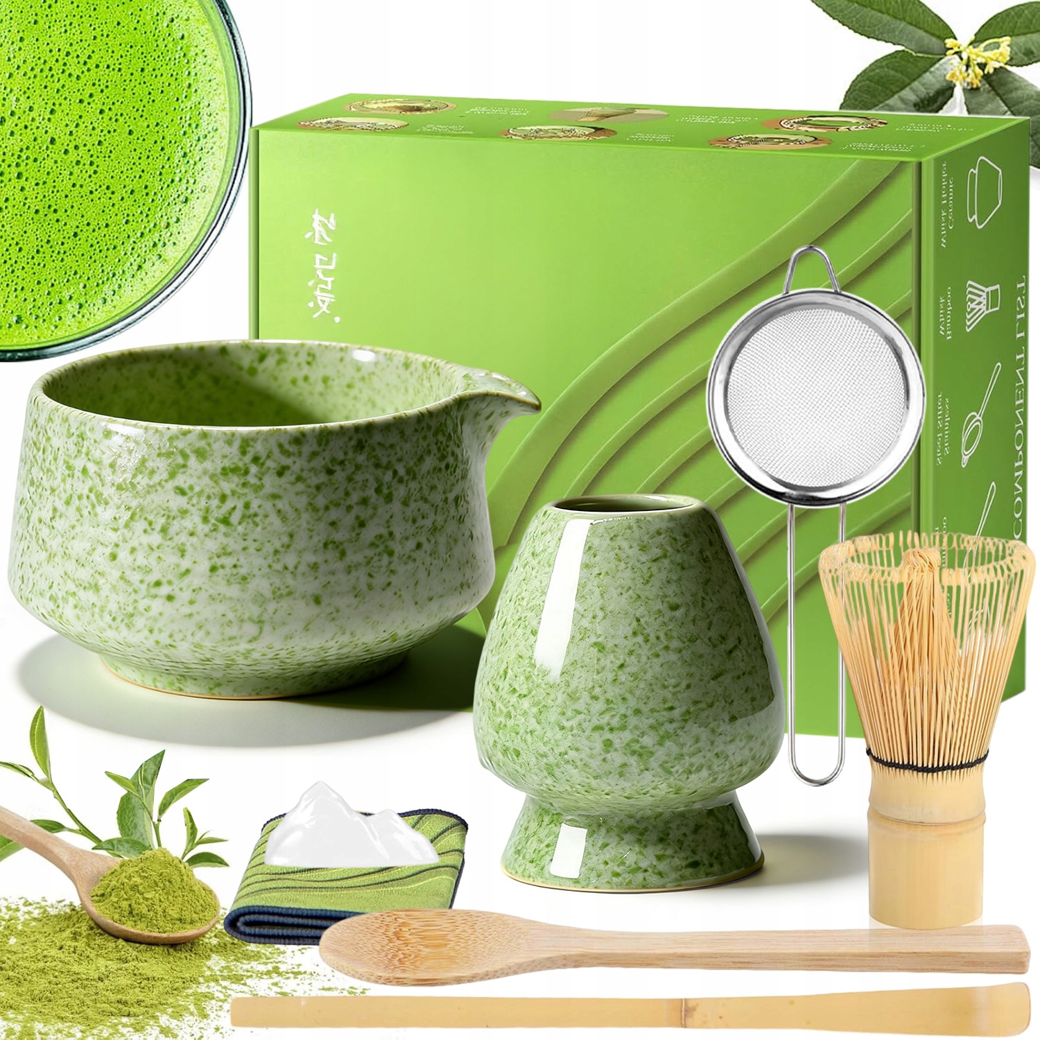 Levně Dárková Sada Na Čaj Matcha Šálek Metlička Zelená 8KS Jako Dárek