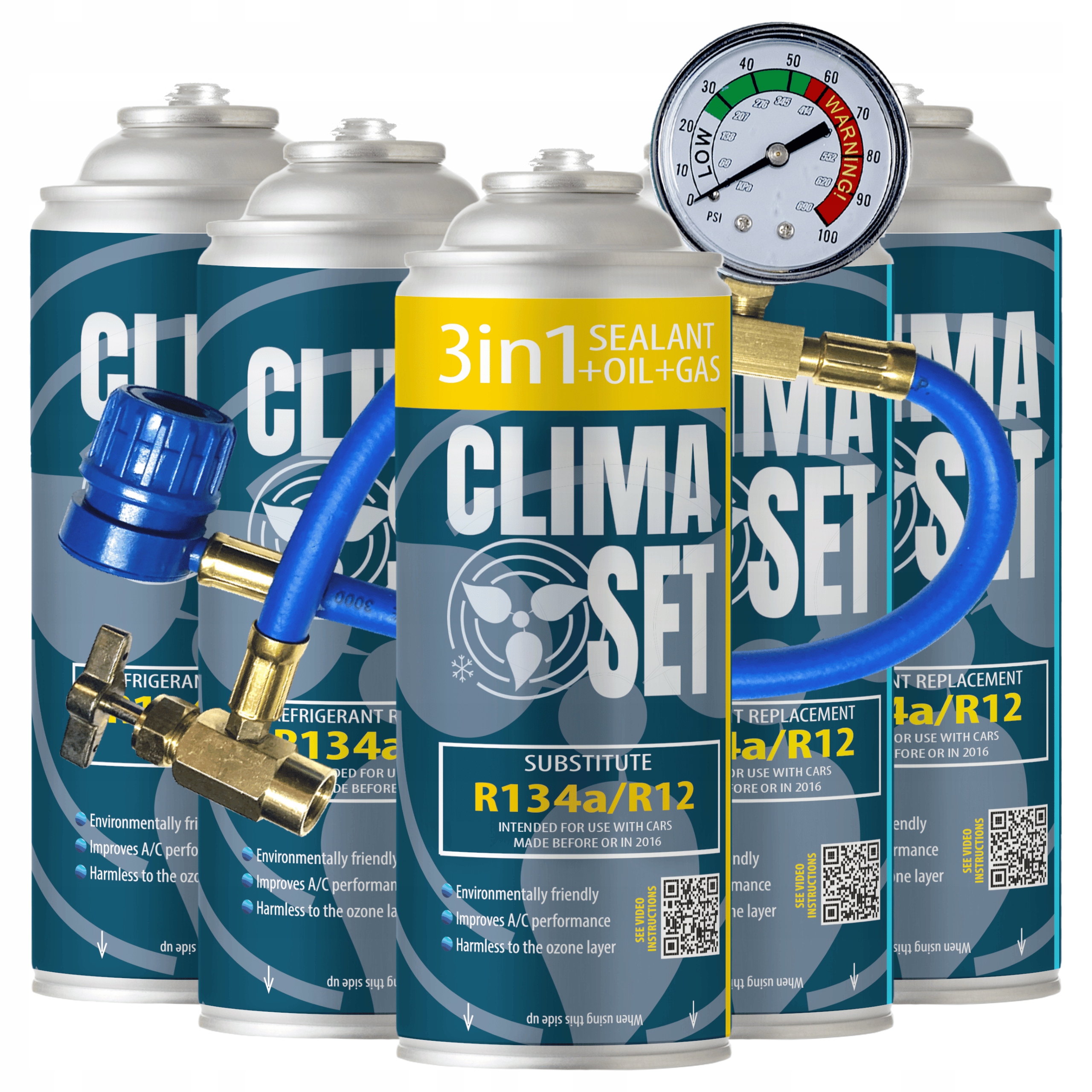 ClimaSet 3v1 R134a 4x plyn R134a pro klimatizaci s kabelem 2,15 kg
