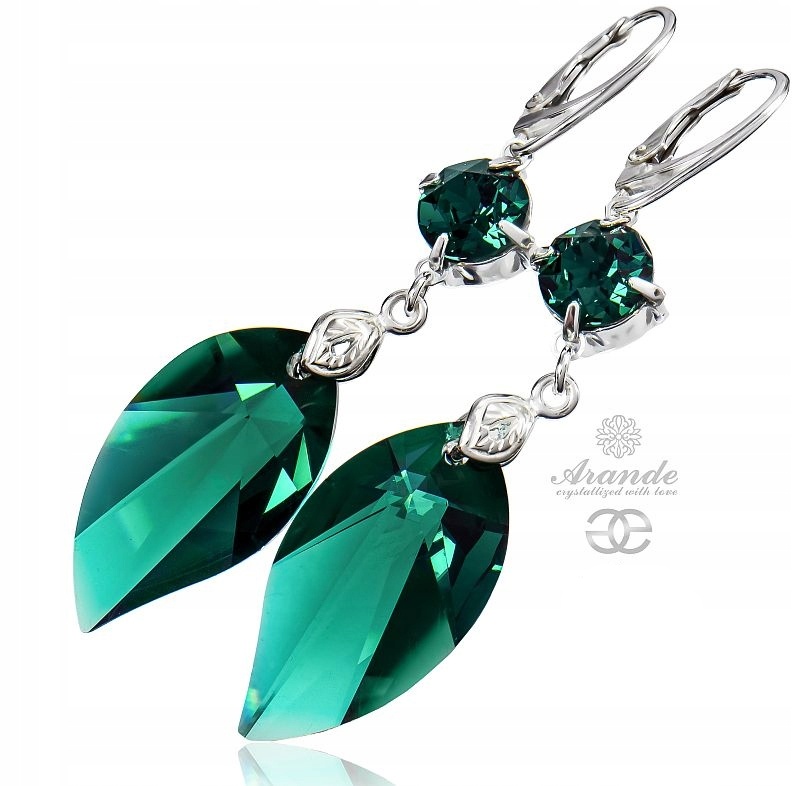 Křišťálové Náušnice Emerald Leaf Stříbro Arande