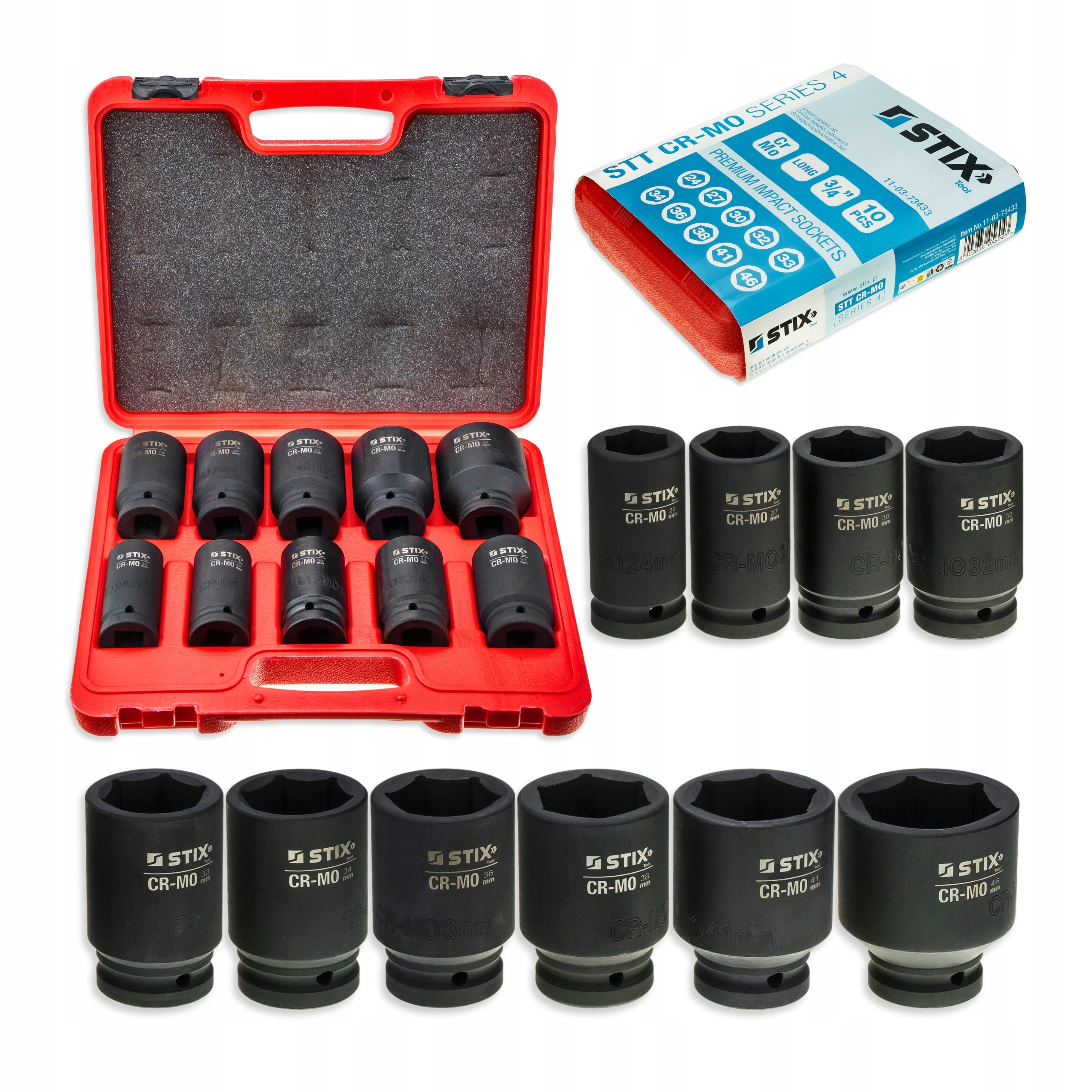Nasadki Udarowe Klucze Nasadowe Długie 3/4 24-46MM Cr-mo Stix Walizka 10SZT
