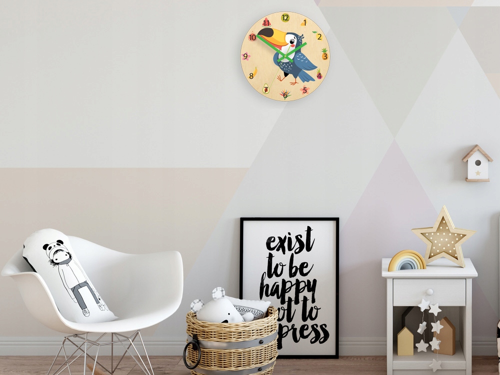 Zegar ścienny RADOSNY TUKAN pokój dziecięcy cichy Zasilanie baterie