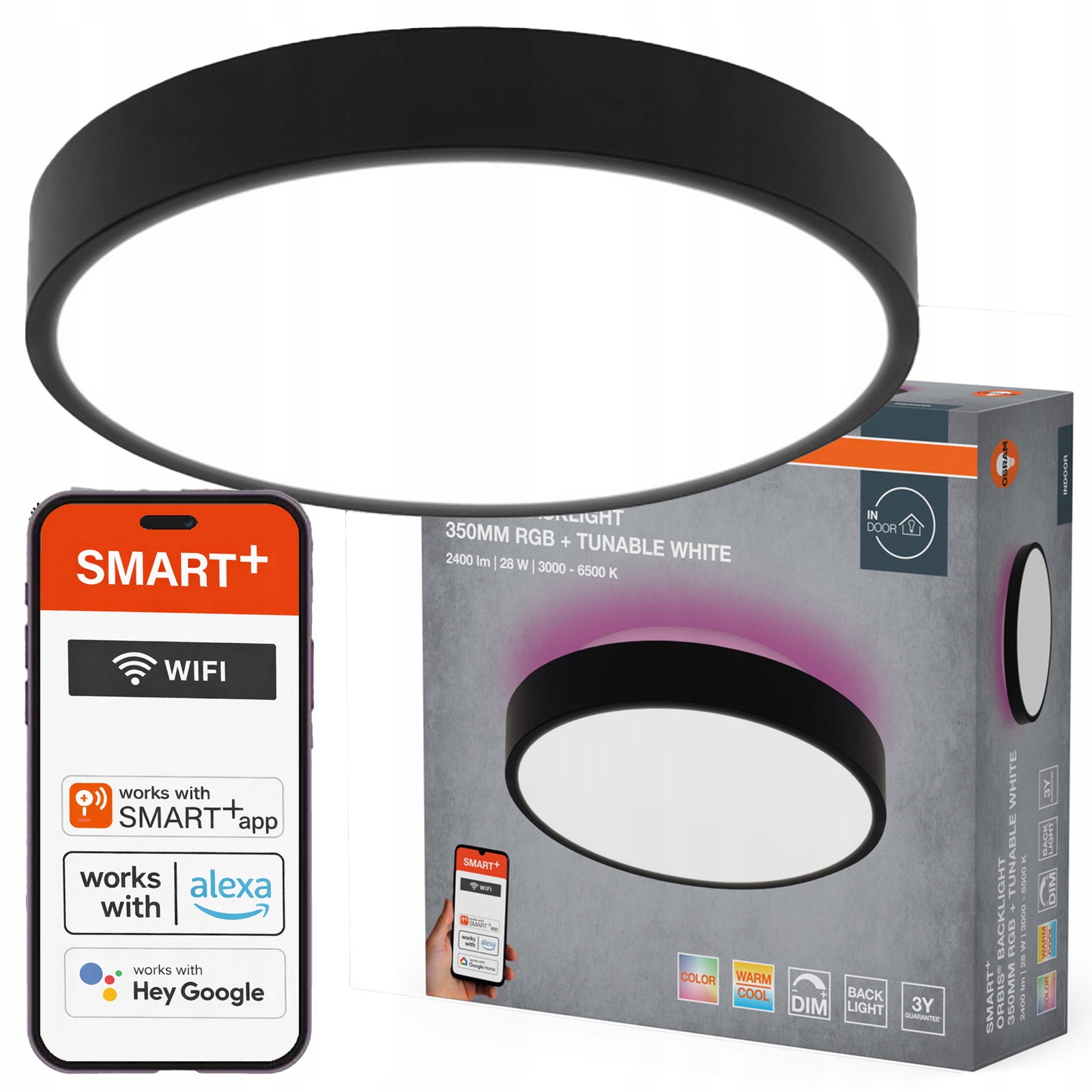 Stropné Svietidlo 28W 1400lm 3000-6500K Cct čierne Smart+ WiFi Orbis Osram