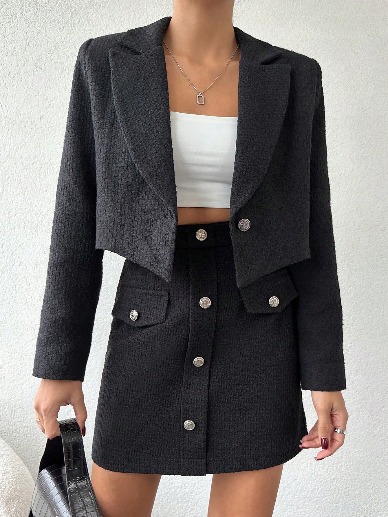 Dámský Elegantní Texturovaný Stylový Módní Černý Oblek Shein XL 42