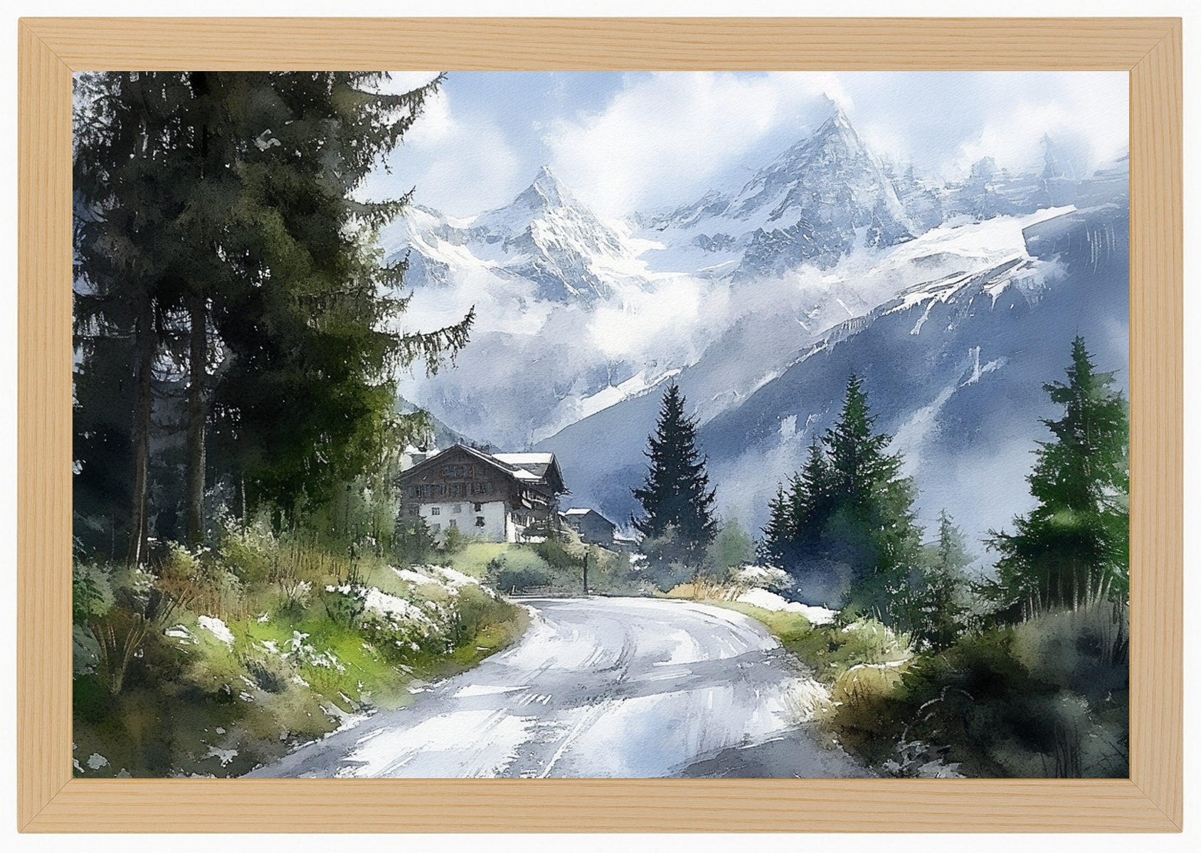 Plakát Rámeček Dřevěný, Krajina, Švýcarsko, Alpy, Hory, Silnice Jungfrau 60x40