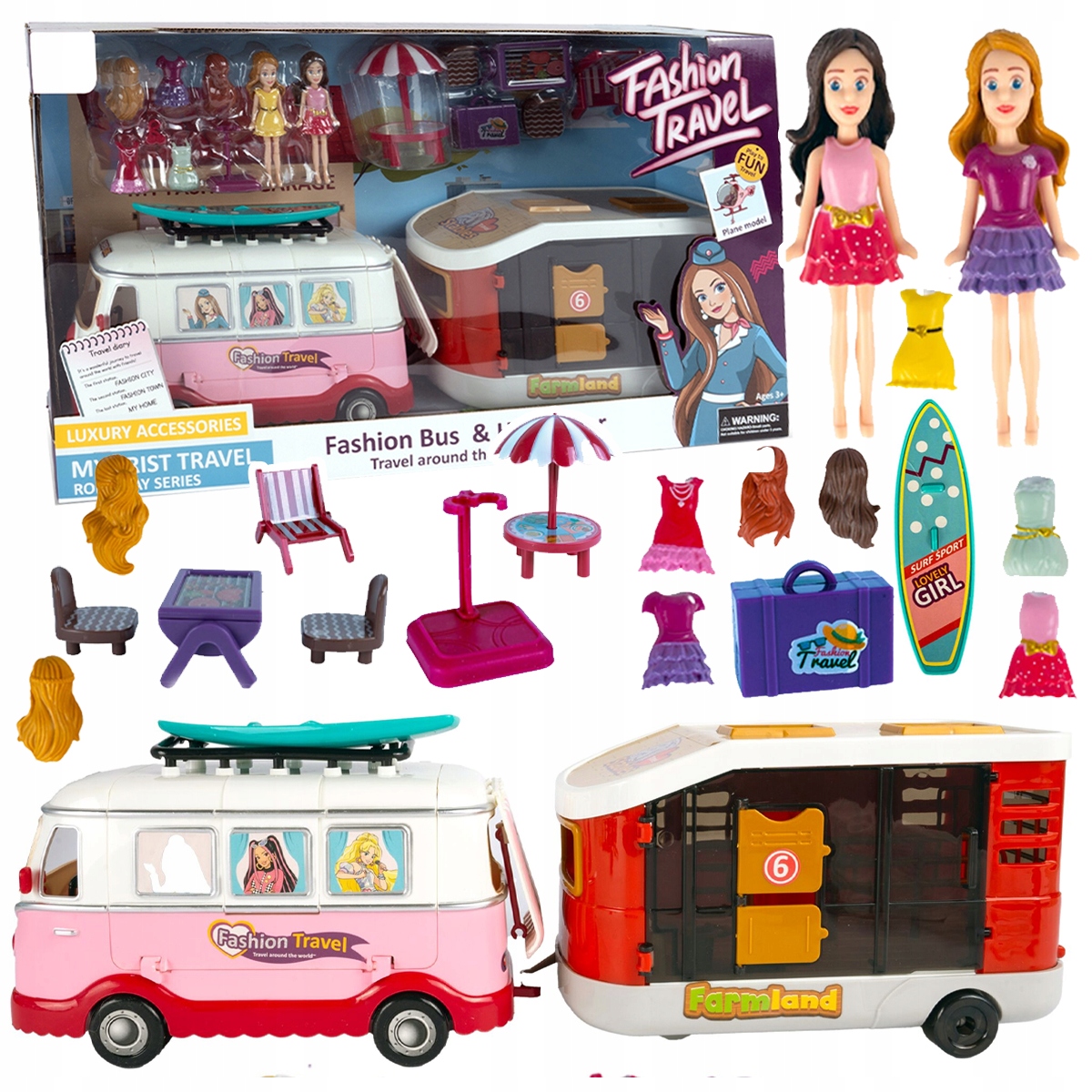 Kamper WIELKIE AUTO Autobus z Przyczepką Lalek Rozkładany Otwierany Domek Głębokość produktu 20 cm