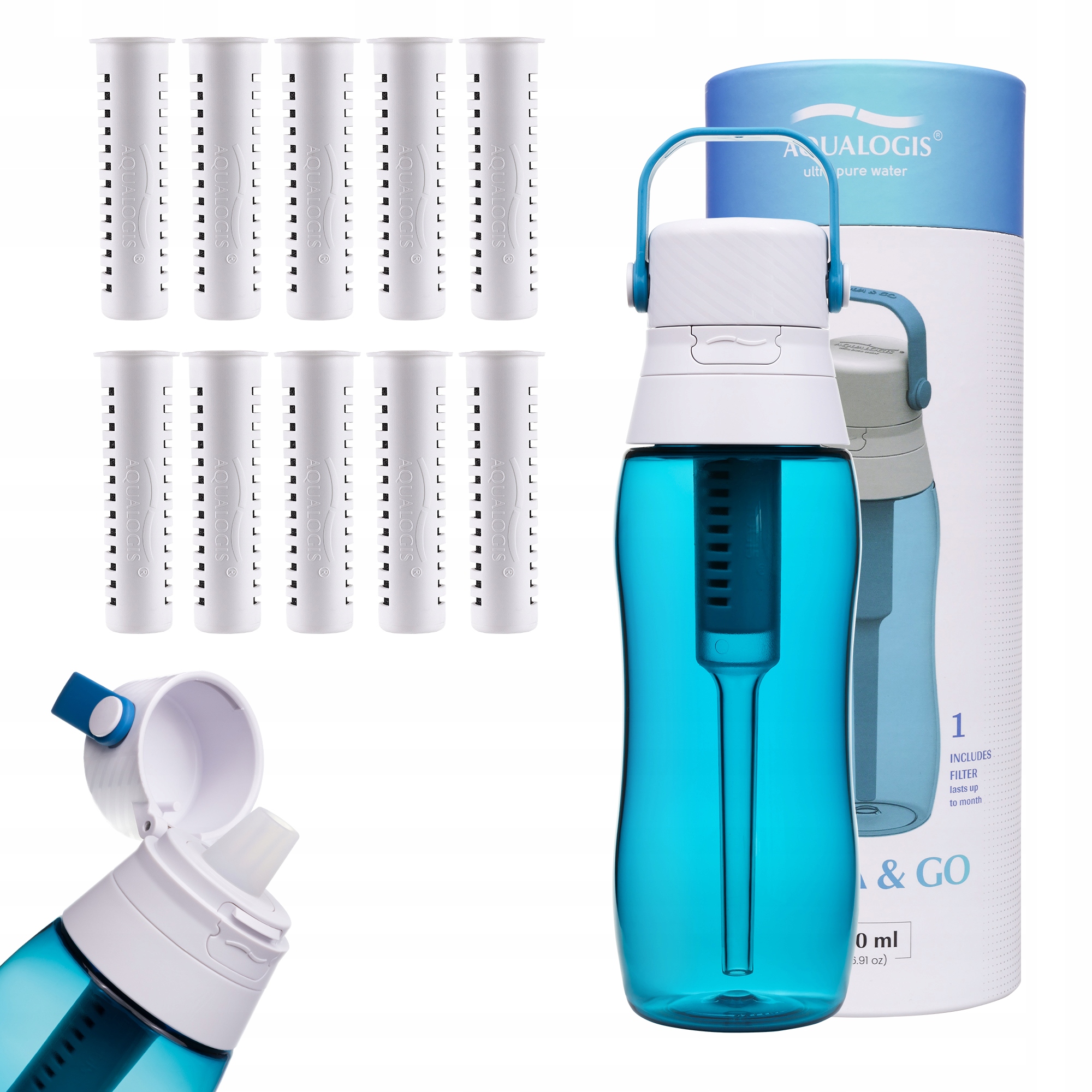 Filtrační láhev Aqualogis Aqua&Go 500 ml Granátová s 10 filtry