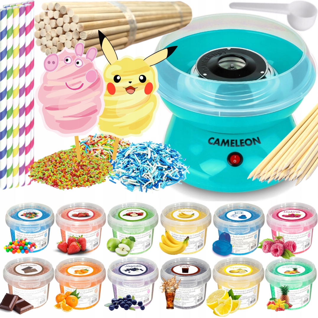 Sada Stroj na cukrovou vatu Cukr 12 x 100 g Kbelík tyčinky posypky