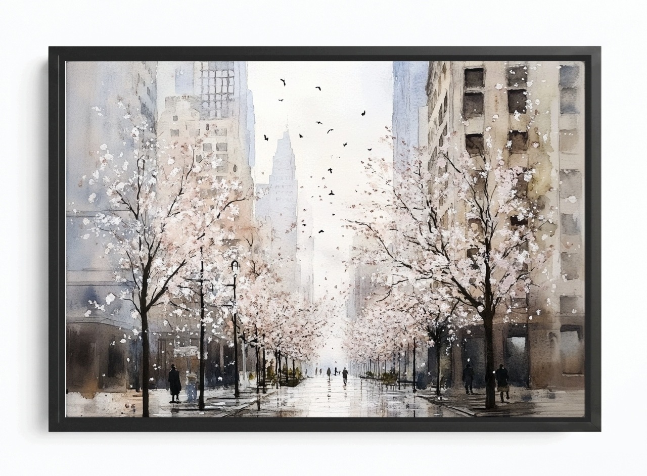 Obraz Rám Americký Box Městská Aleja Bílé Květiny Mrakodrapy Akvarel 60x40
