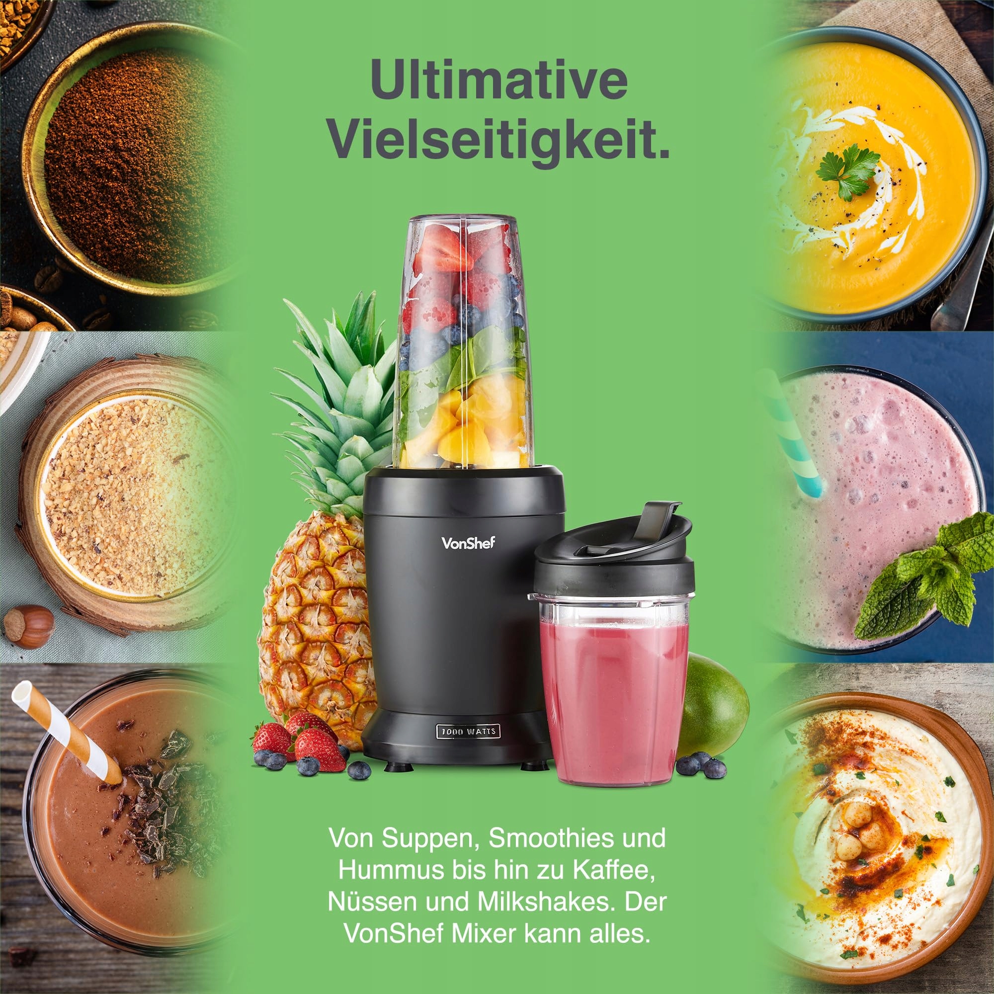 VONSHEF Mikser Smoothie Maker Do Owoców Warzyw i Lodu 1000W 500ml 800ml — miniatura 4