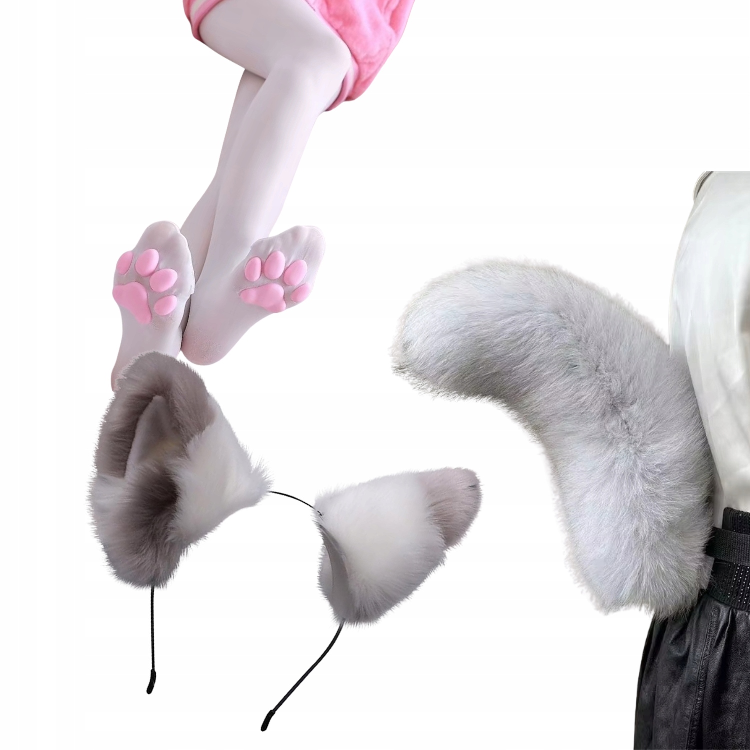 Sada Kostým Kožešinový Ocas Uši Zavinovačky Kočka Liška Cosplay Furry Šedá