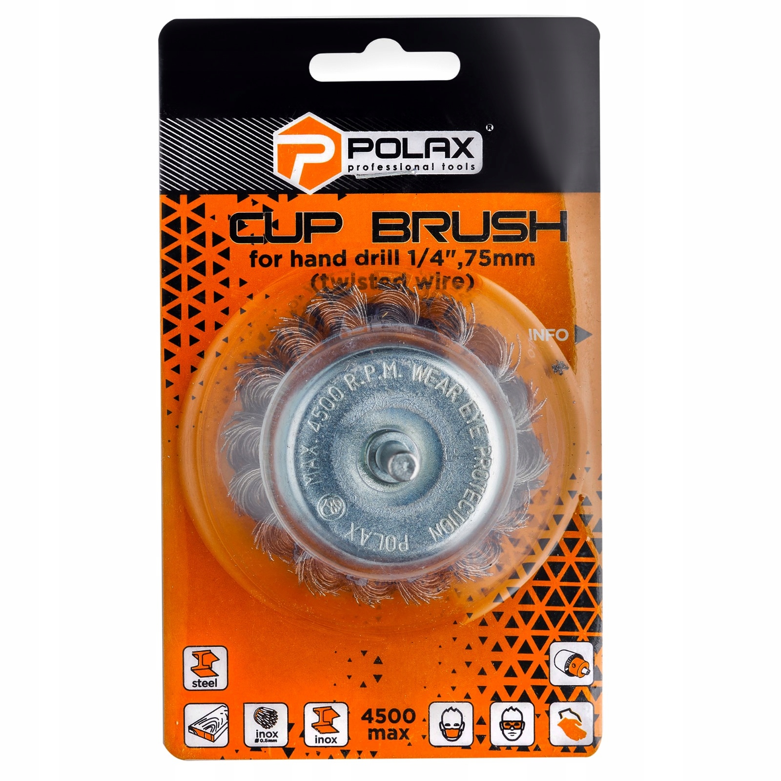 POLAX SZCZOTKA CZOŁOWA DO WIERTARKI Z TRZPIENIEM 1/4" DRUT PLECIONY 75MM Marka Polax