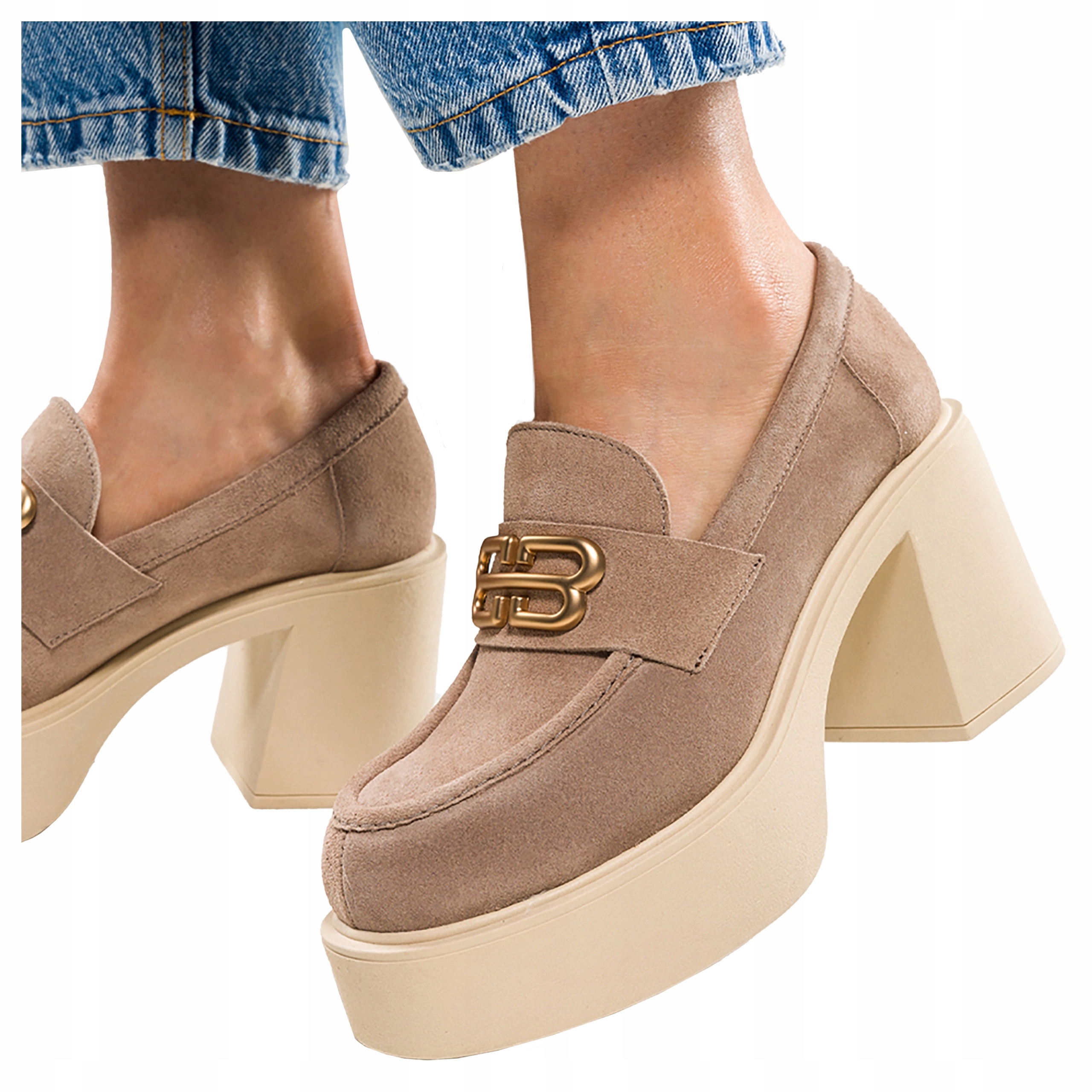 Mokasíny Kožené Béžové Na Širokém Klocku Dámské Polský Výrobek vel. 39