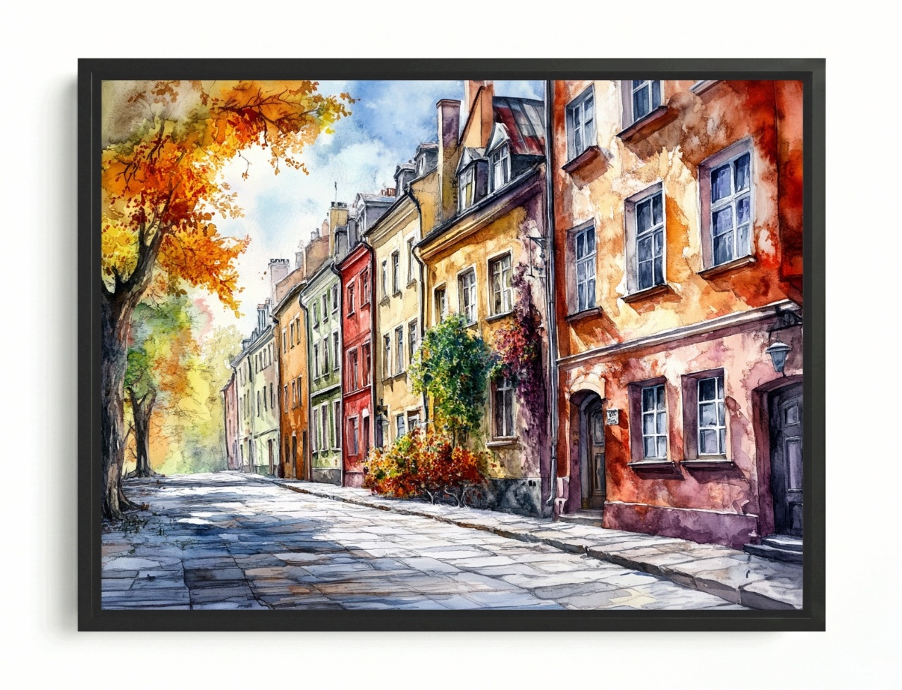 Obraz Rám American Box Město Domy Kamení Ulice Stromy Podzim 100x75