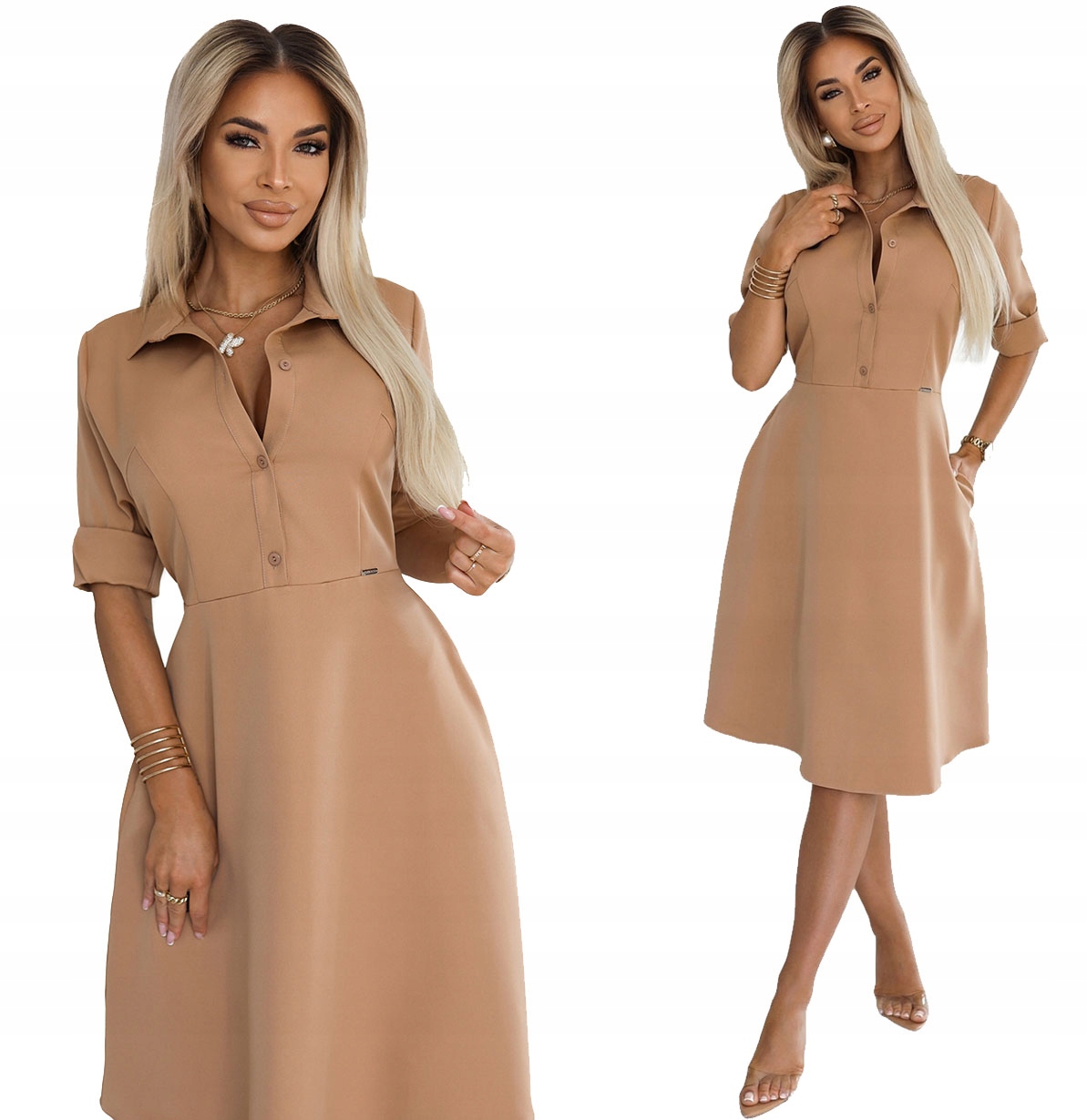 Každodenní Košilové Šaty S Límcem Knoflíky Se Zavazováním V Pase Mocha S